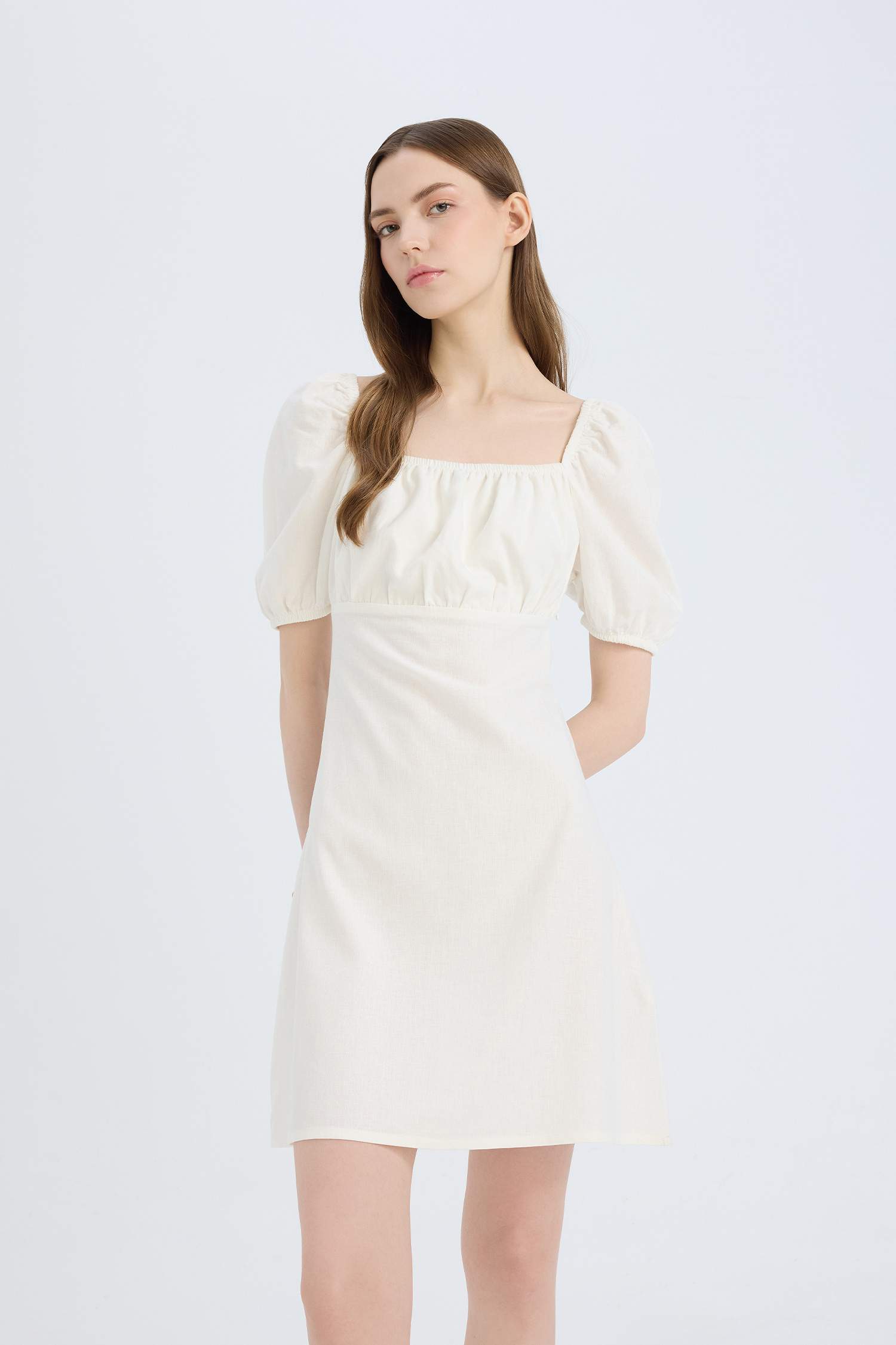 Square Collar Linen Blended Mini Dress