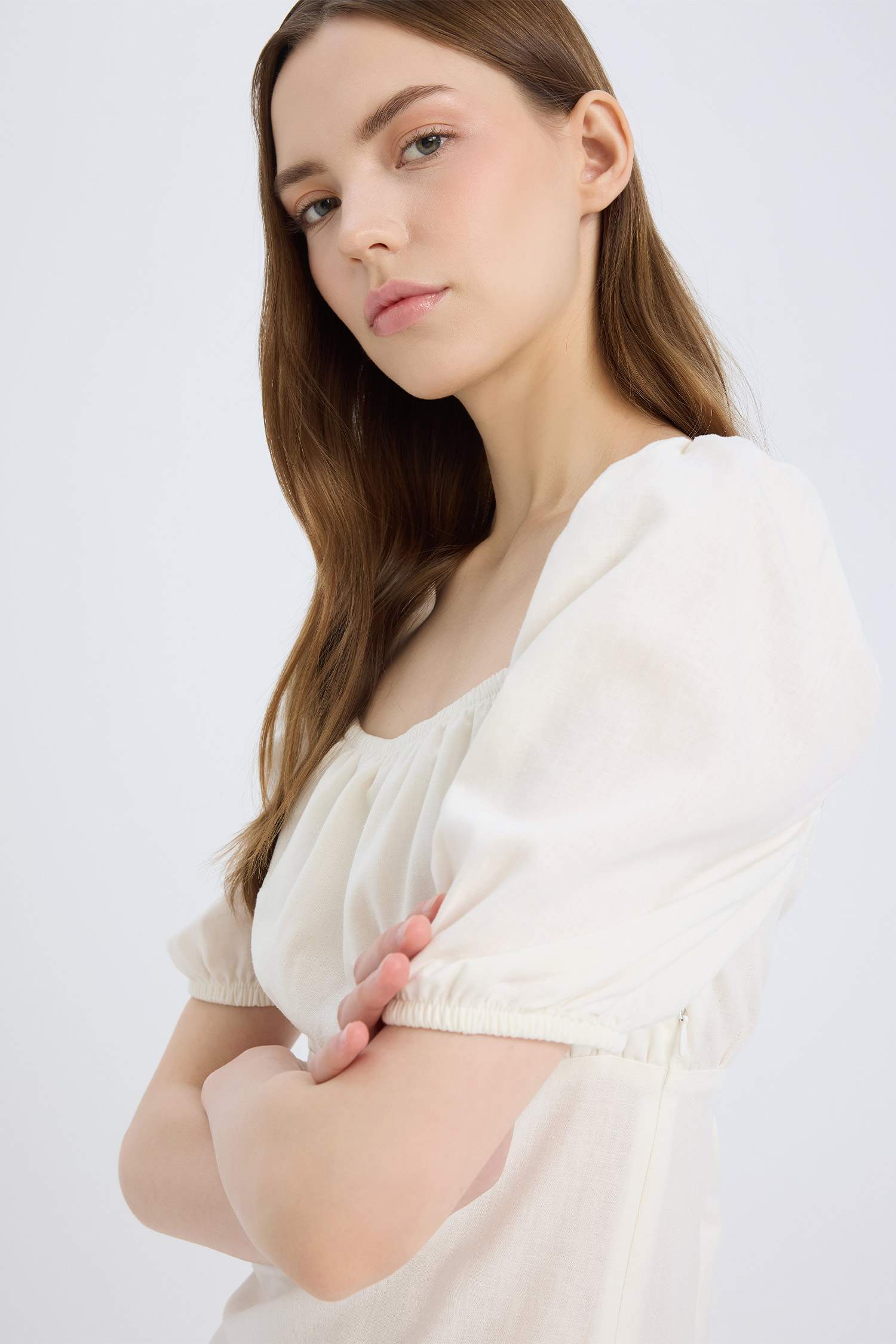 Square Collar Linen Blended Mini Dress