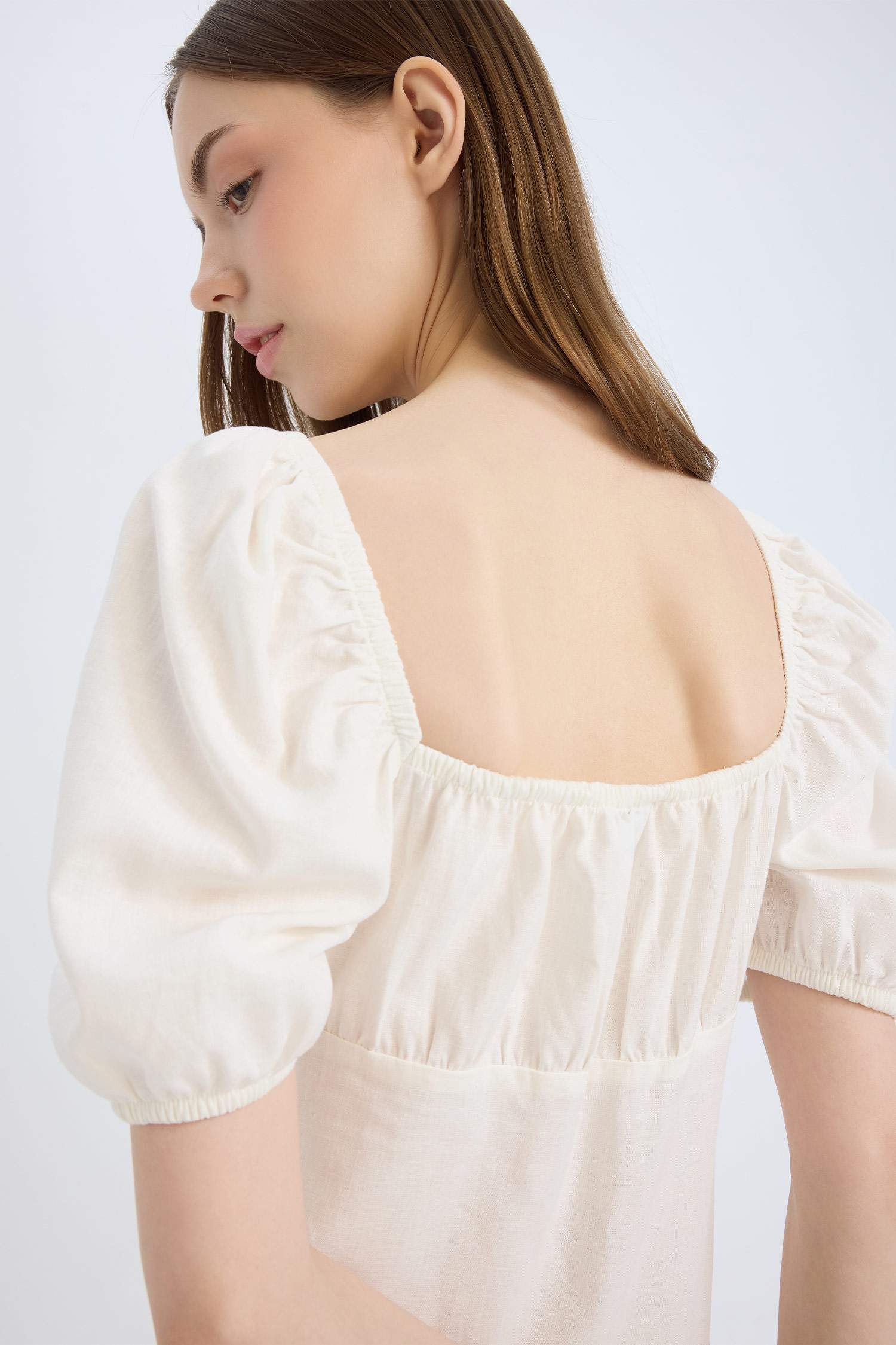 Square Collar Linen Blended Mini Dress