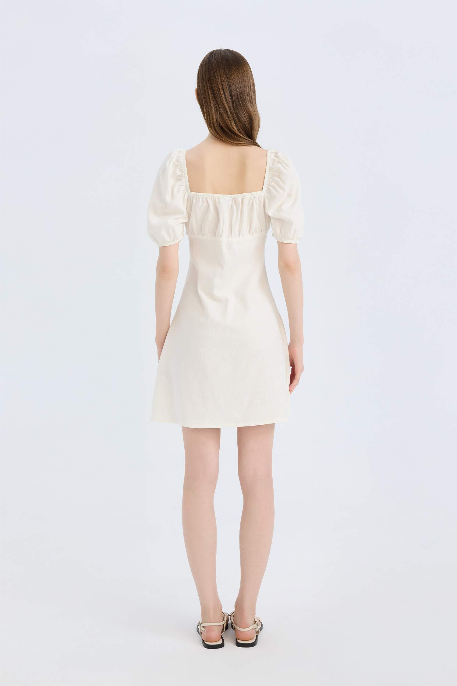 Square Collar Linen Blended Mini Dress