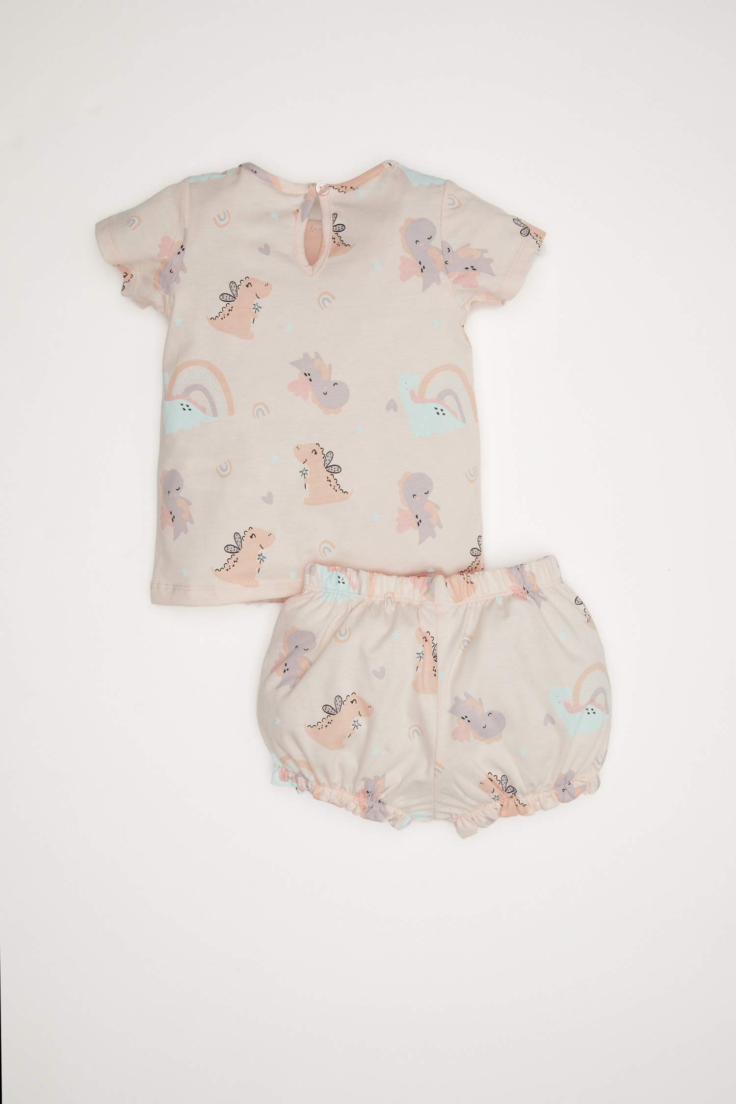 Kız Bebek Pijama Takımı Dinozor Baskılı Kısa Kollu Penye Üst Beli Lastikli Şort