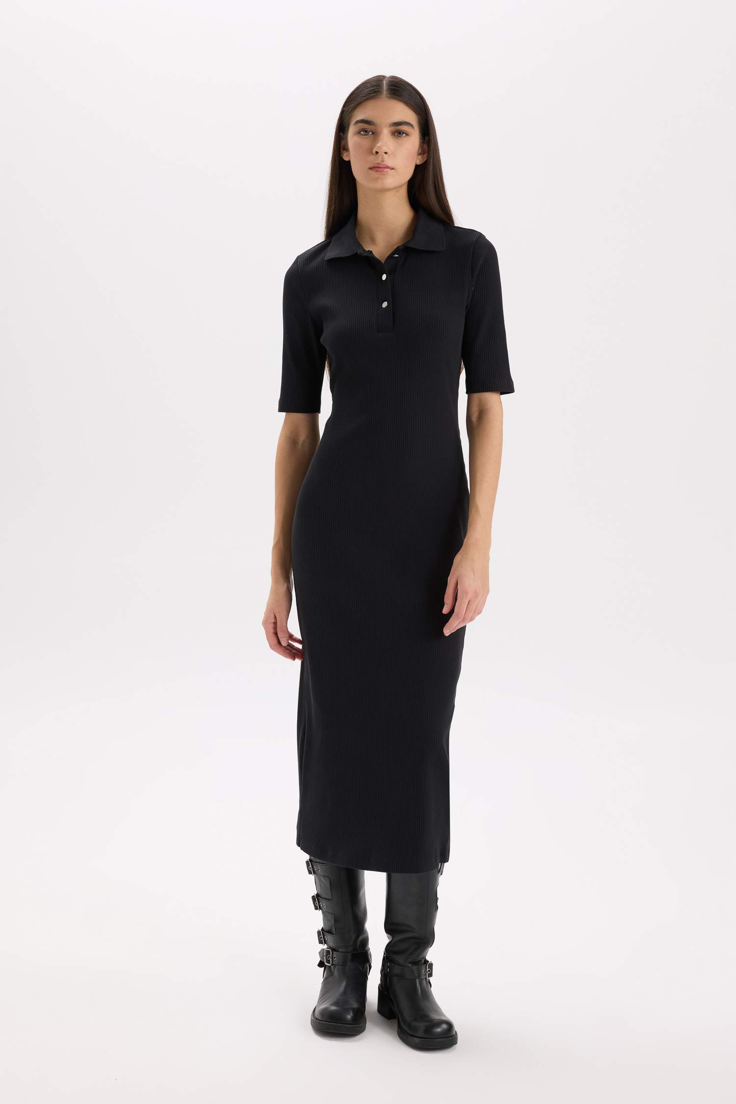 Bodycon Vücudu Saran Polo Yaka Fitilli Kaşkorse Kısa Kollu Midi Elbise