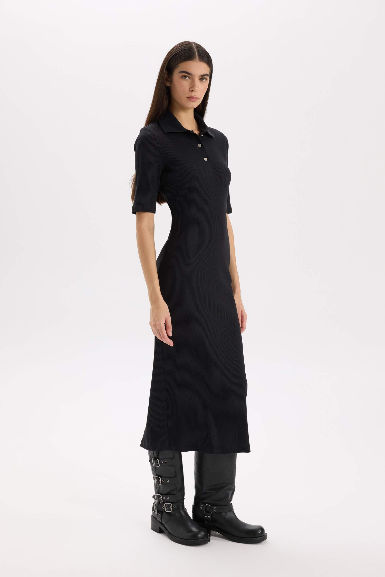 Bodycon Vücudu Saran Polo Yaka Fitilli Kaşkorse Kısa Kollu Midi Elbise