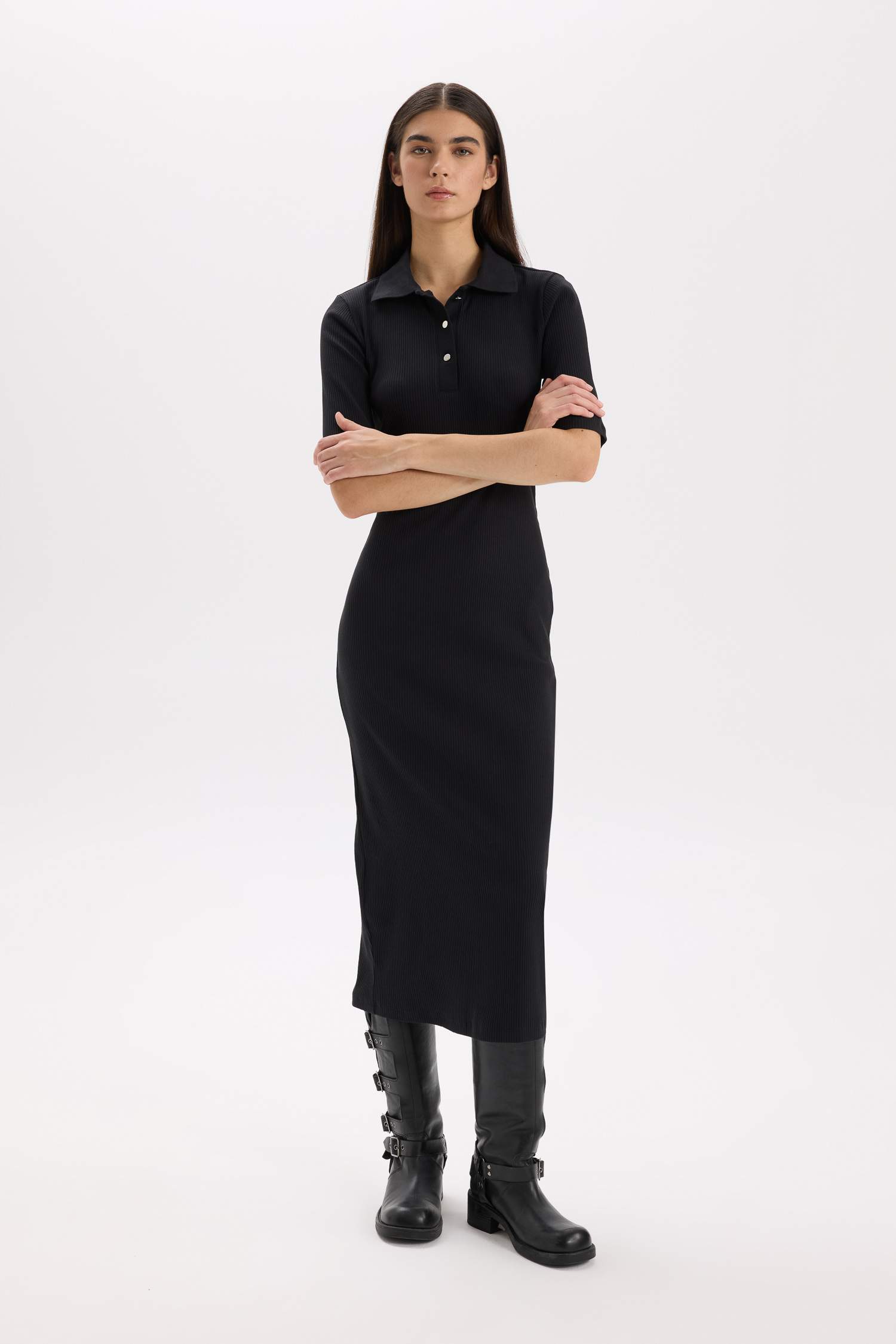 Bodycon Vücudu Saran Polo Yaka Fitilli Kaşkorse Kısa Kollu Midi Elbise