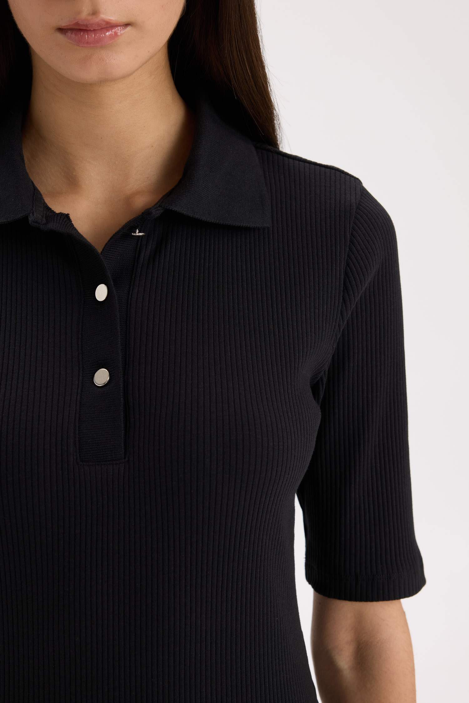 Bodycon Vücudu Saran Polo Yaka Fitilli Kaşkorse Kısa Kollu Midi Elbise