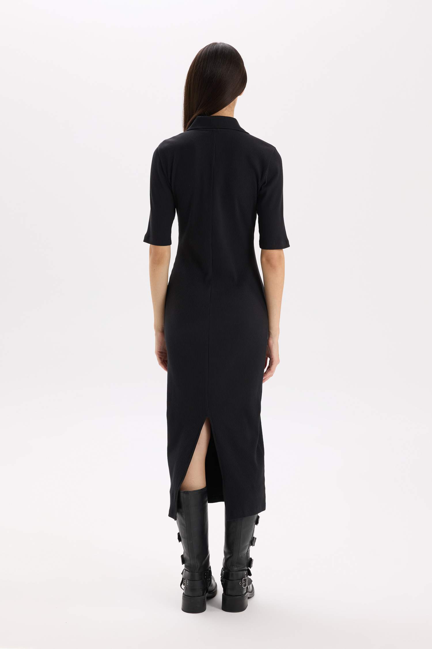 Bodycon Vücudu Saran Polo Yaka Fitilli Kaşkorse Kısa Kollu Midi Elbise