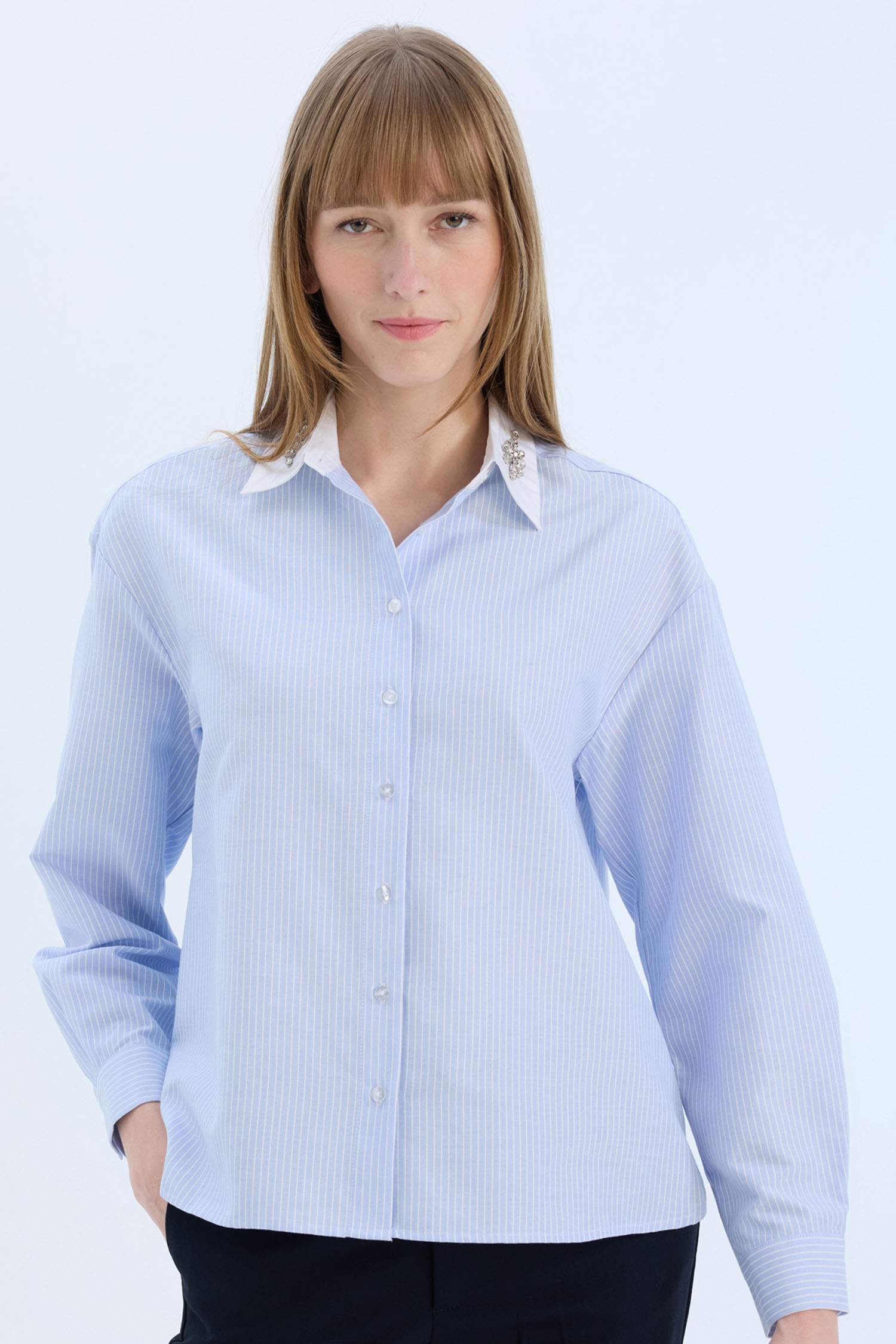 Oversize Fit Shirt Collar Oxford Striped Long Sleeve Shirt