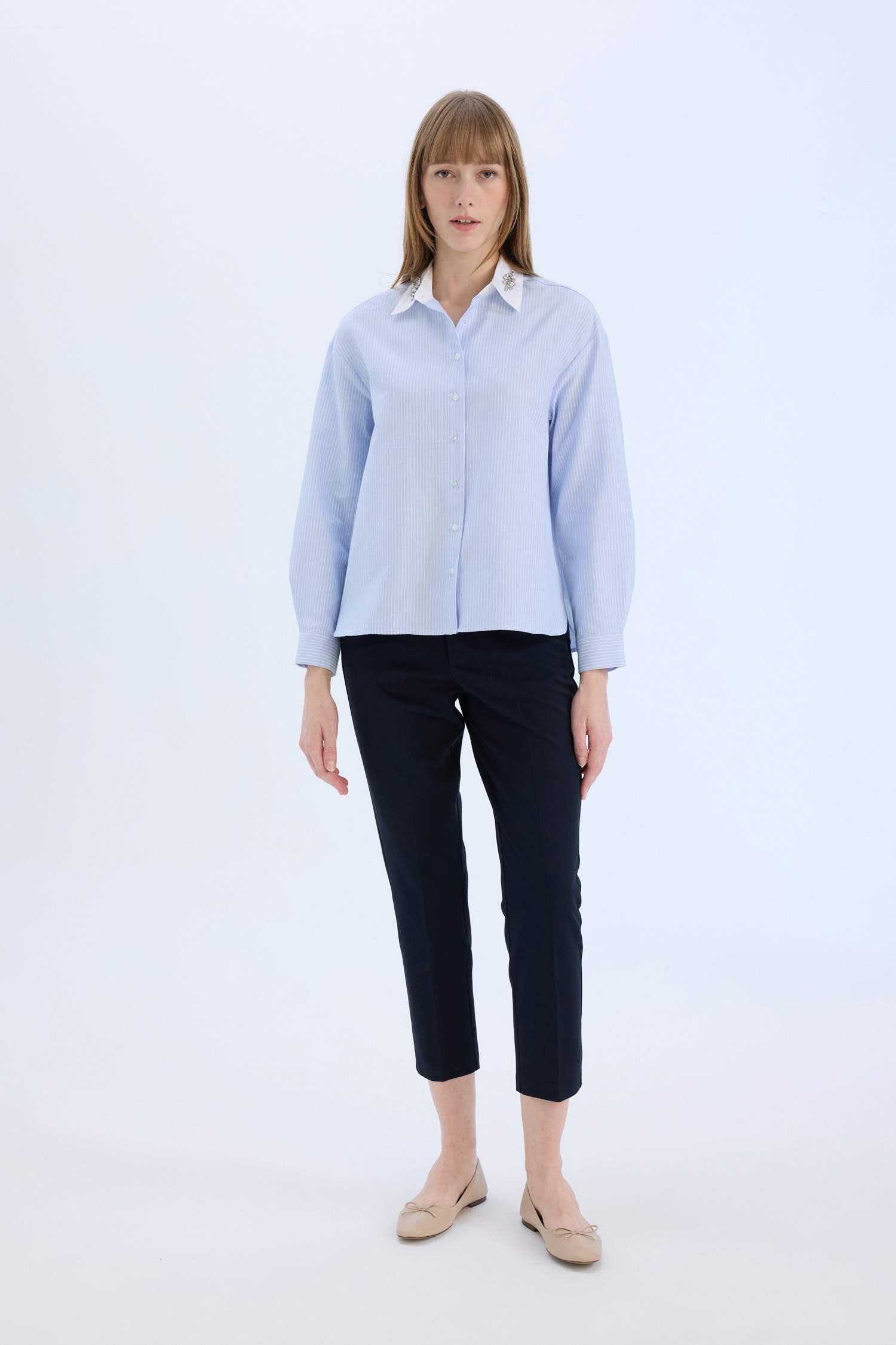 Oversize Fit Shirt Collar Oxford Striped Long Sleeve Shirt