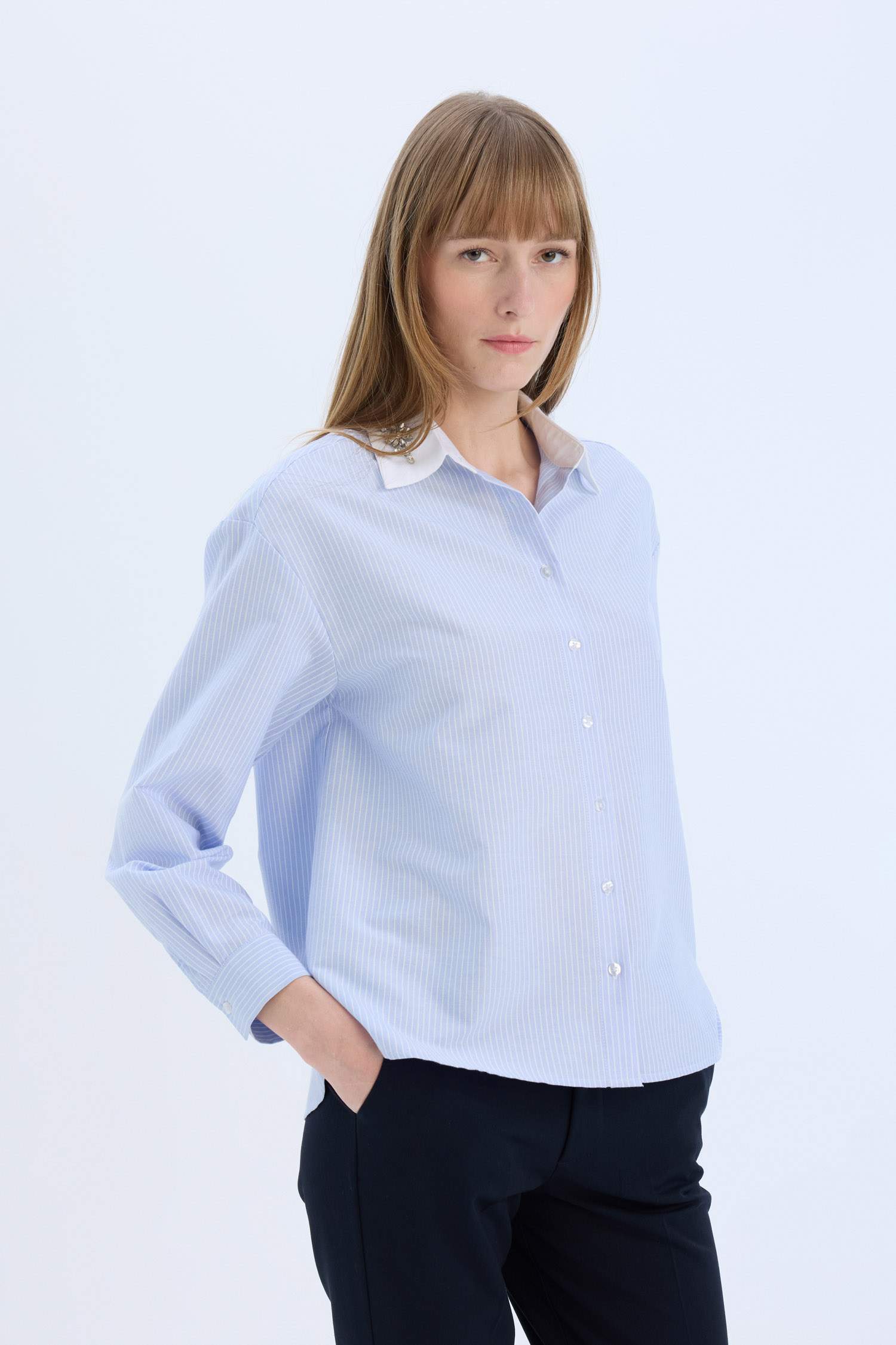 Oversize Fit Shirt Collar Oxford Striped Long Sleeve Shirt