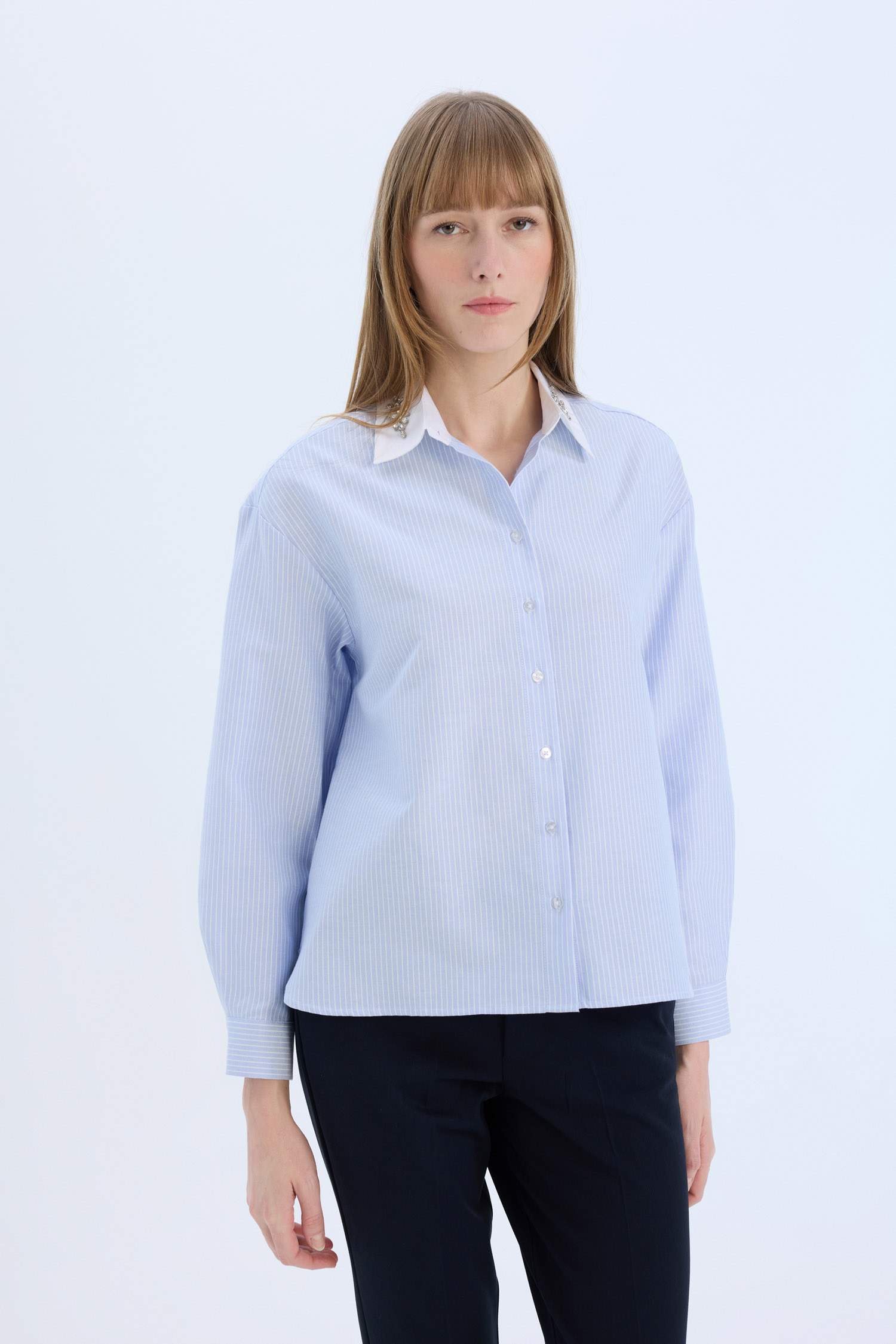 Oversize Fit Shirt Collar Oxford Striped Long Sleeve Shirt