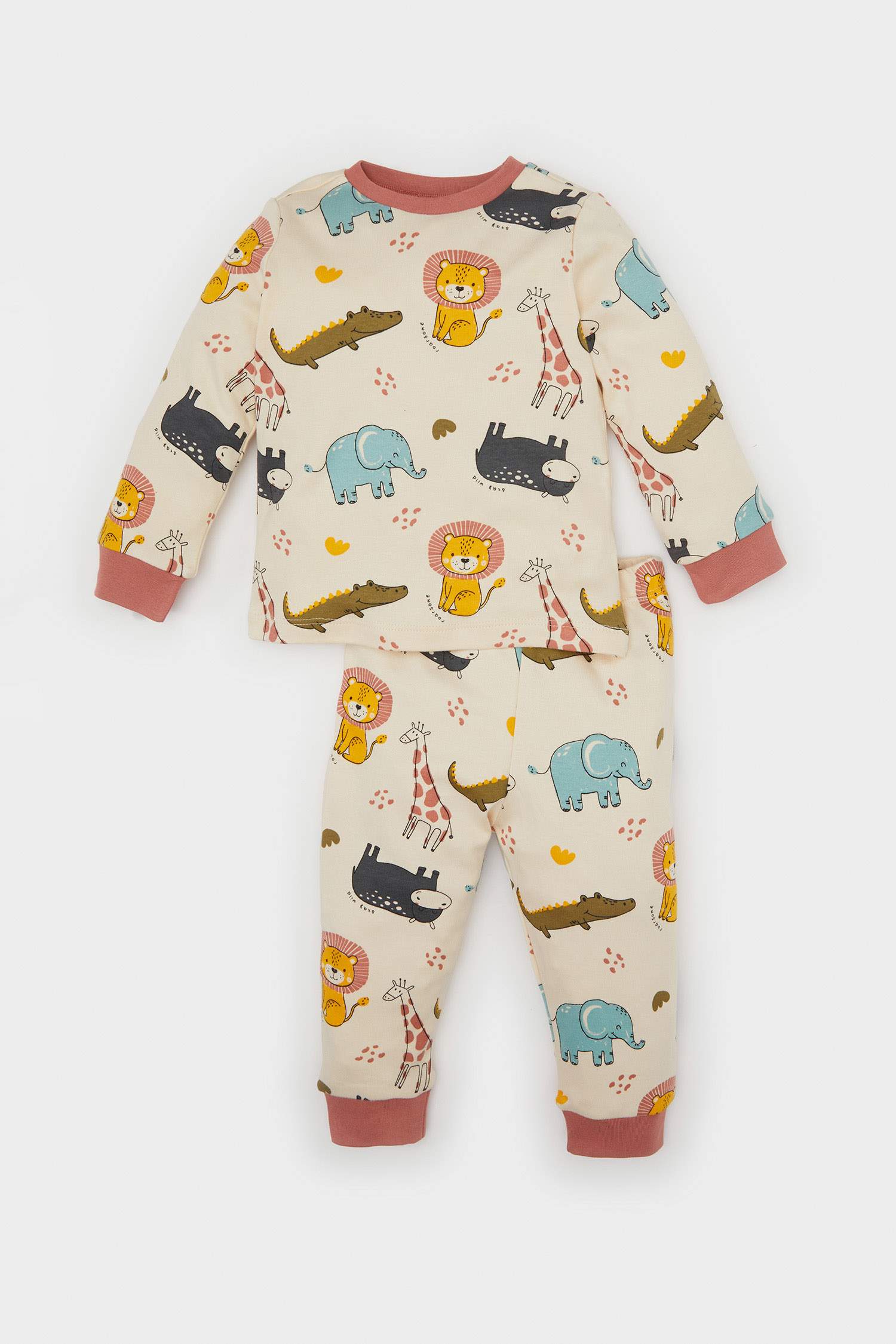 Erkek Bebek Pijama Takımı Safari Baskılı Uzun Kollu Üst Beli Lastikli Uzun Alt