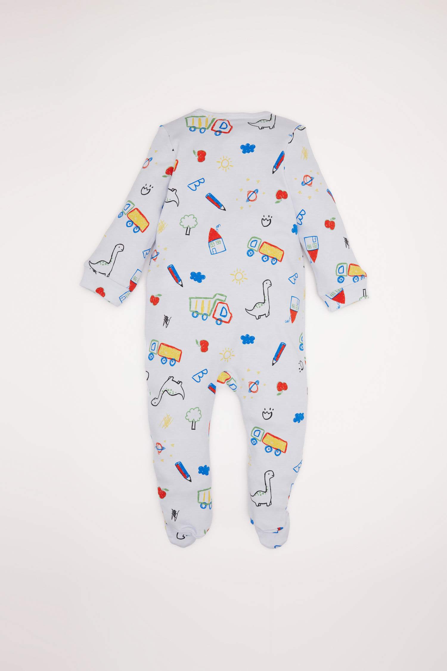 Erkek Bebek Yenidoğan Dinozor Baskılı Uzun Kollu Fermuarlı Tulum