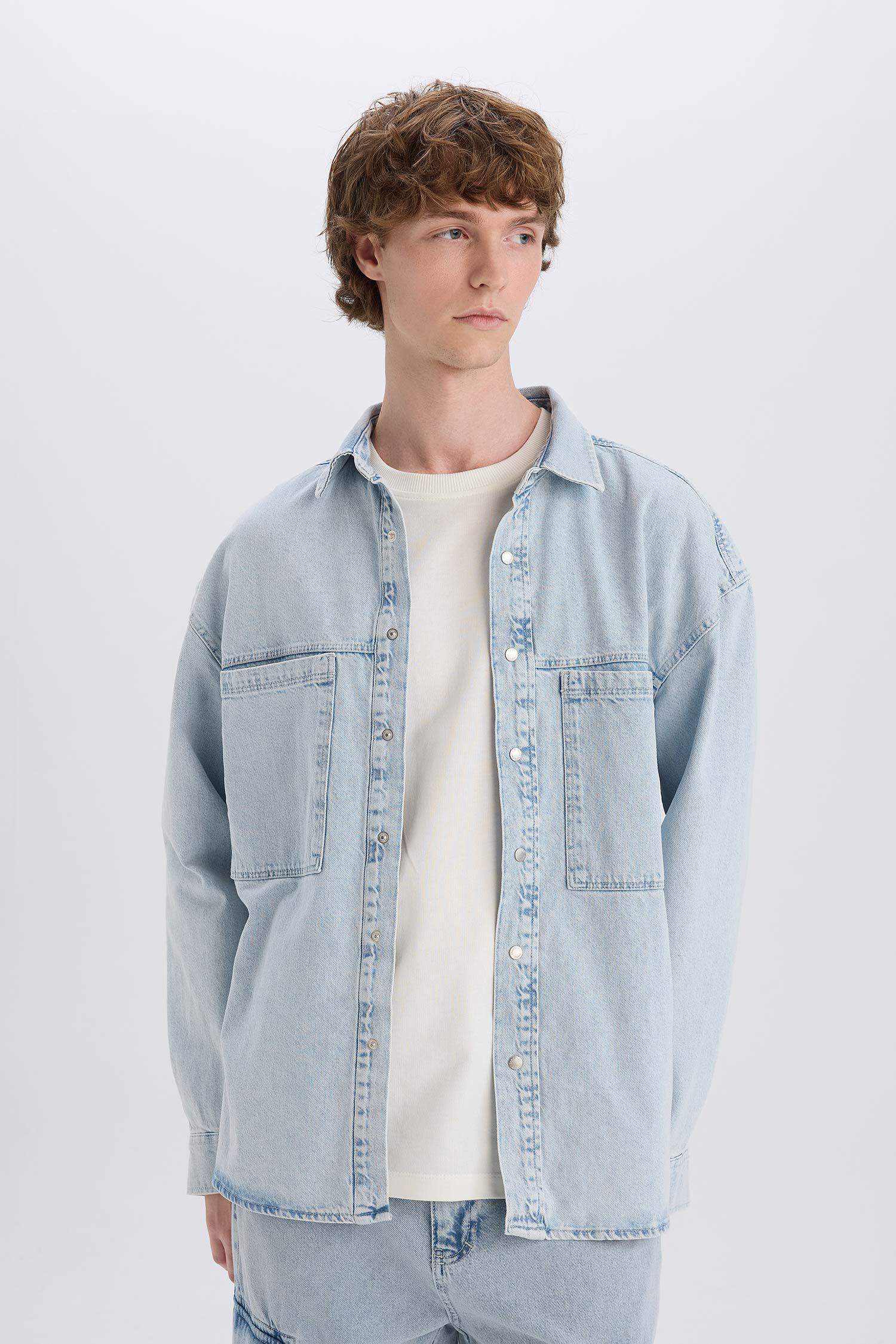 %100 Pamuk Oversize Geniş Kalıp Uzun Kollu Jean Gömlek