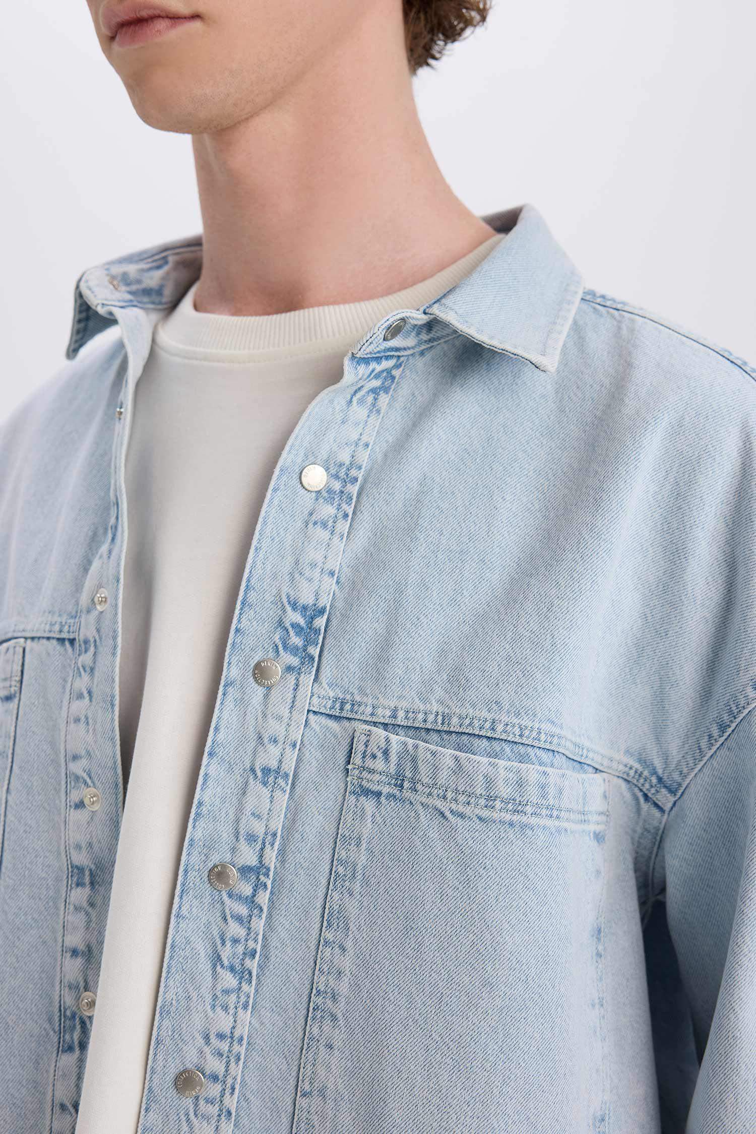 %100 Pamuk Oversize Geniş Kalıp Uzun Kollu Jean Gömlek