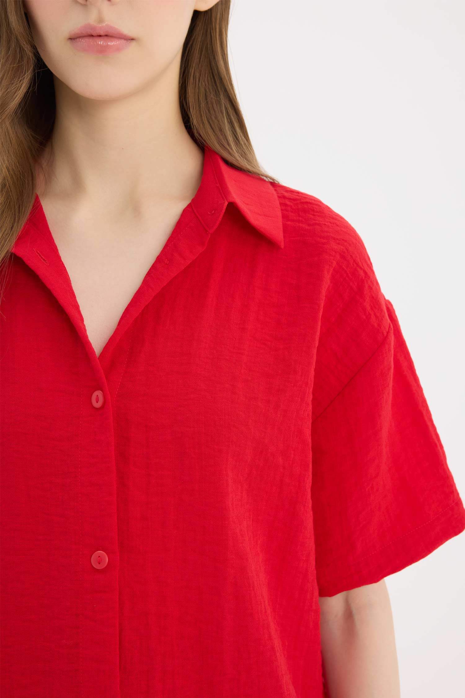 Oversize Fit Shirt Collar Linen Look Short Sleeve Shirt