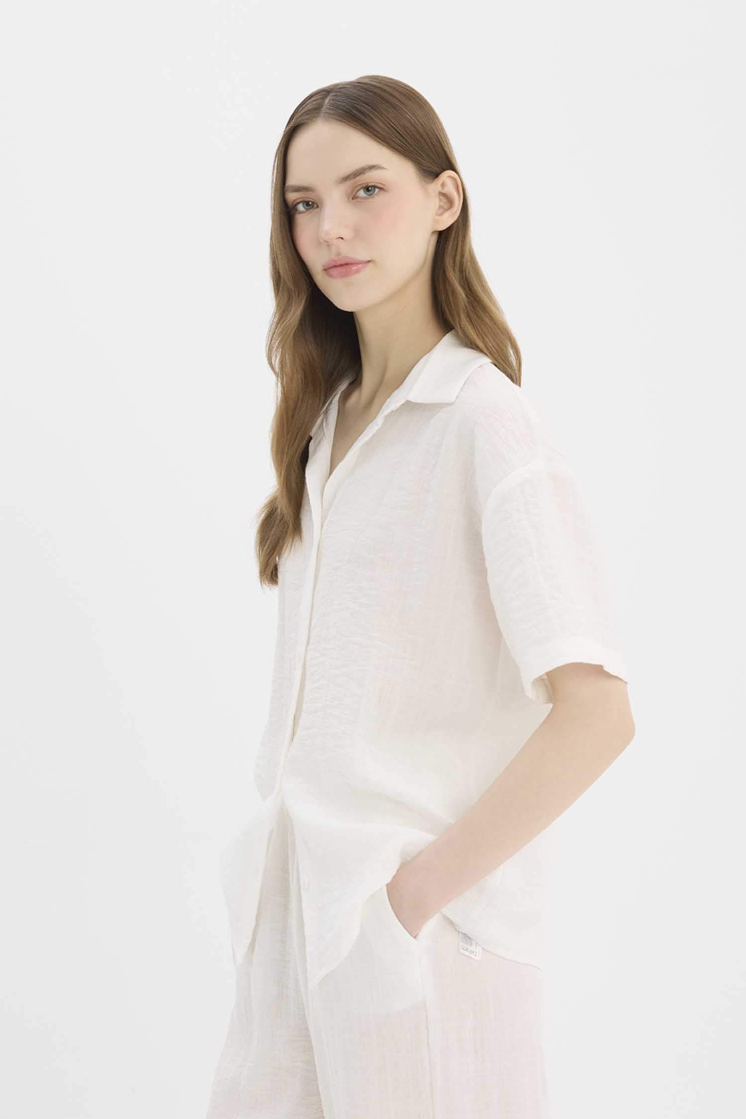 Oversize Fit Shirt Collar Linen Look Short Sleeve Shirt