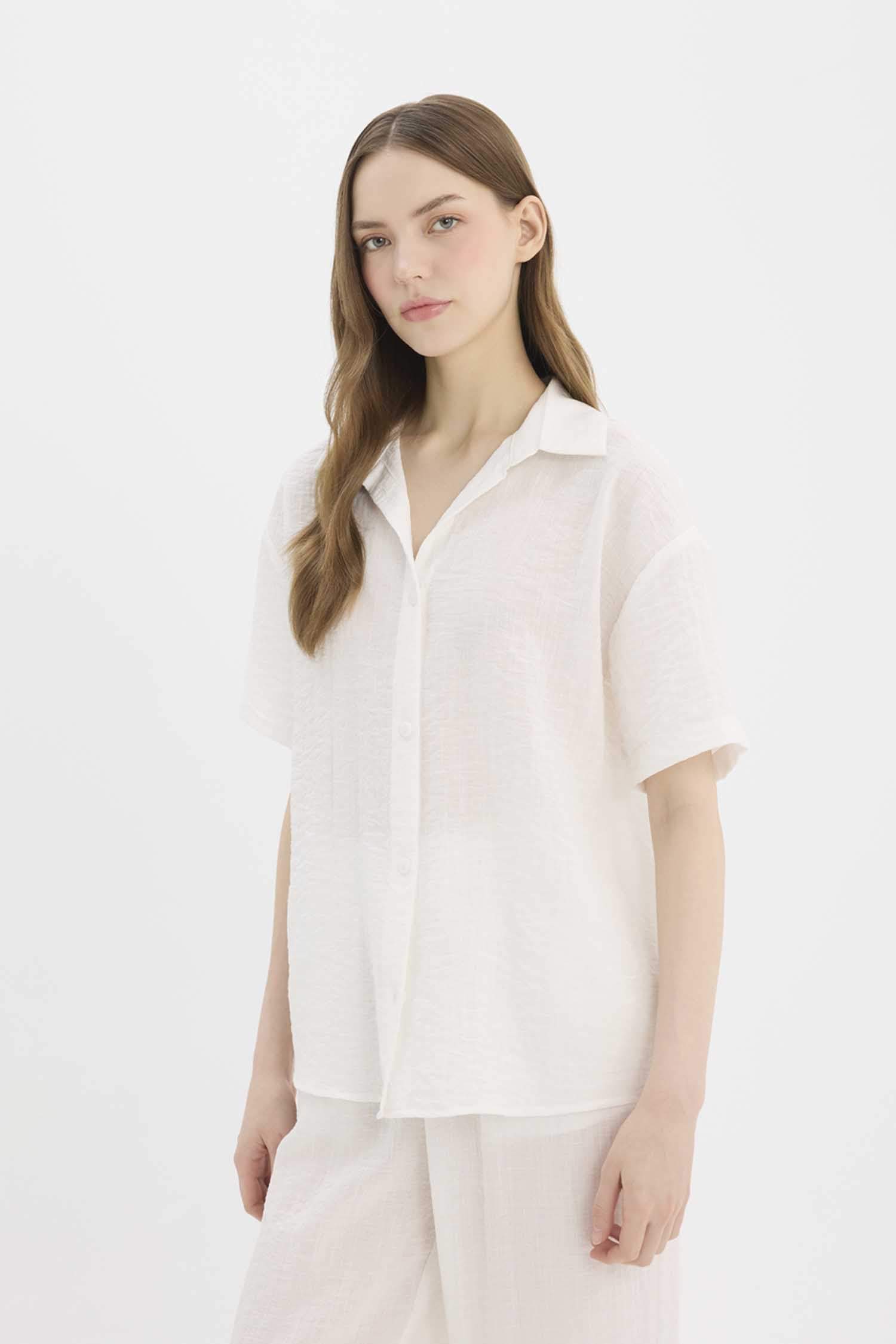 Oversize Fit Shirt Collar Linen Look Short Sleeve Shirt