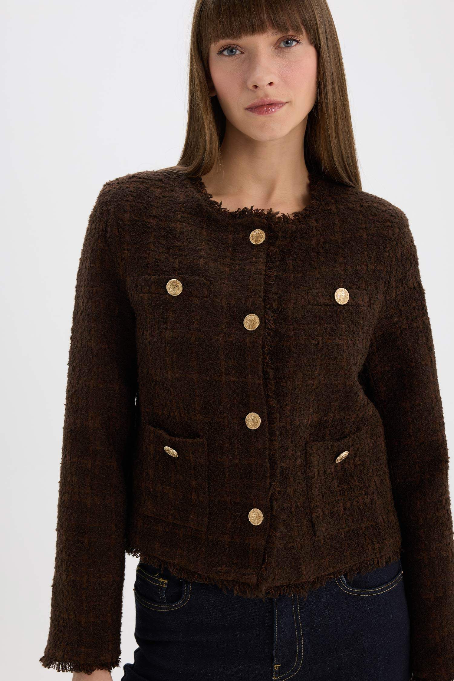 Regular Fit Bisiklet Yaka Tweed Blazer Ceket