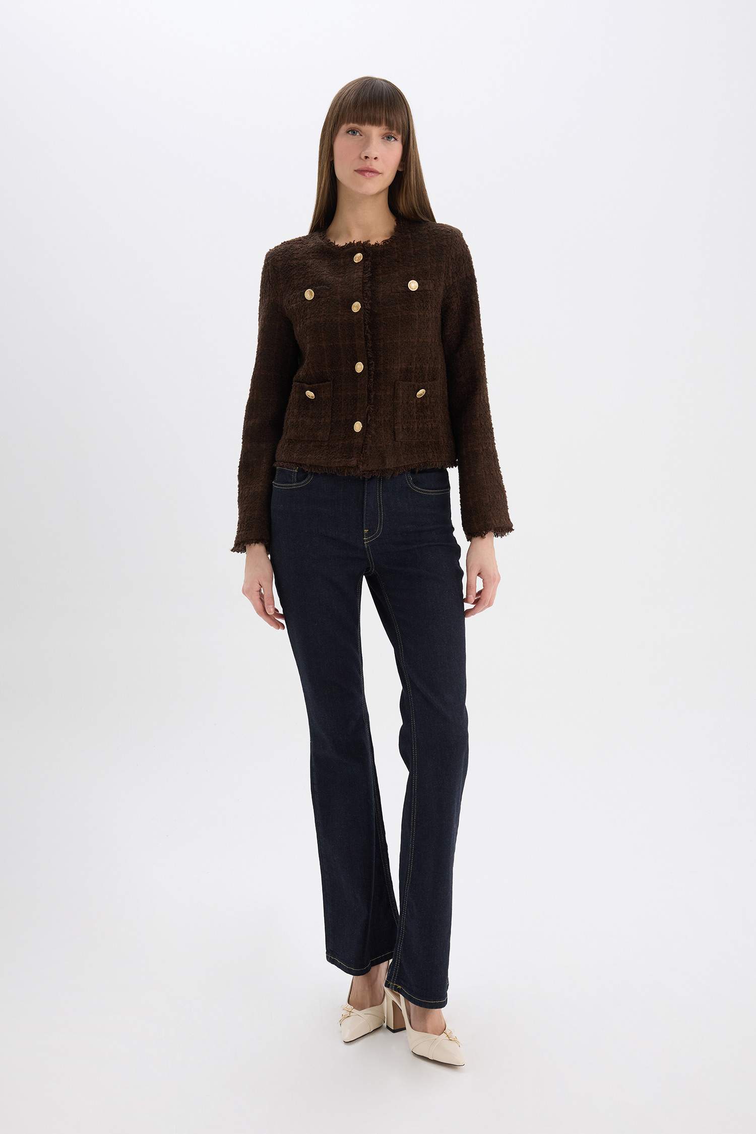 Regular Fit Bisiklet Yaka Tweed Blazer Ceket