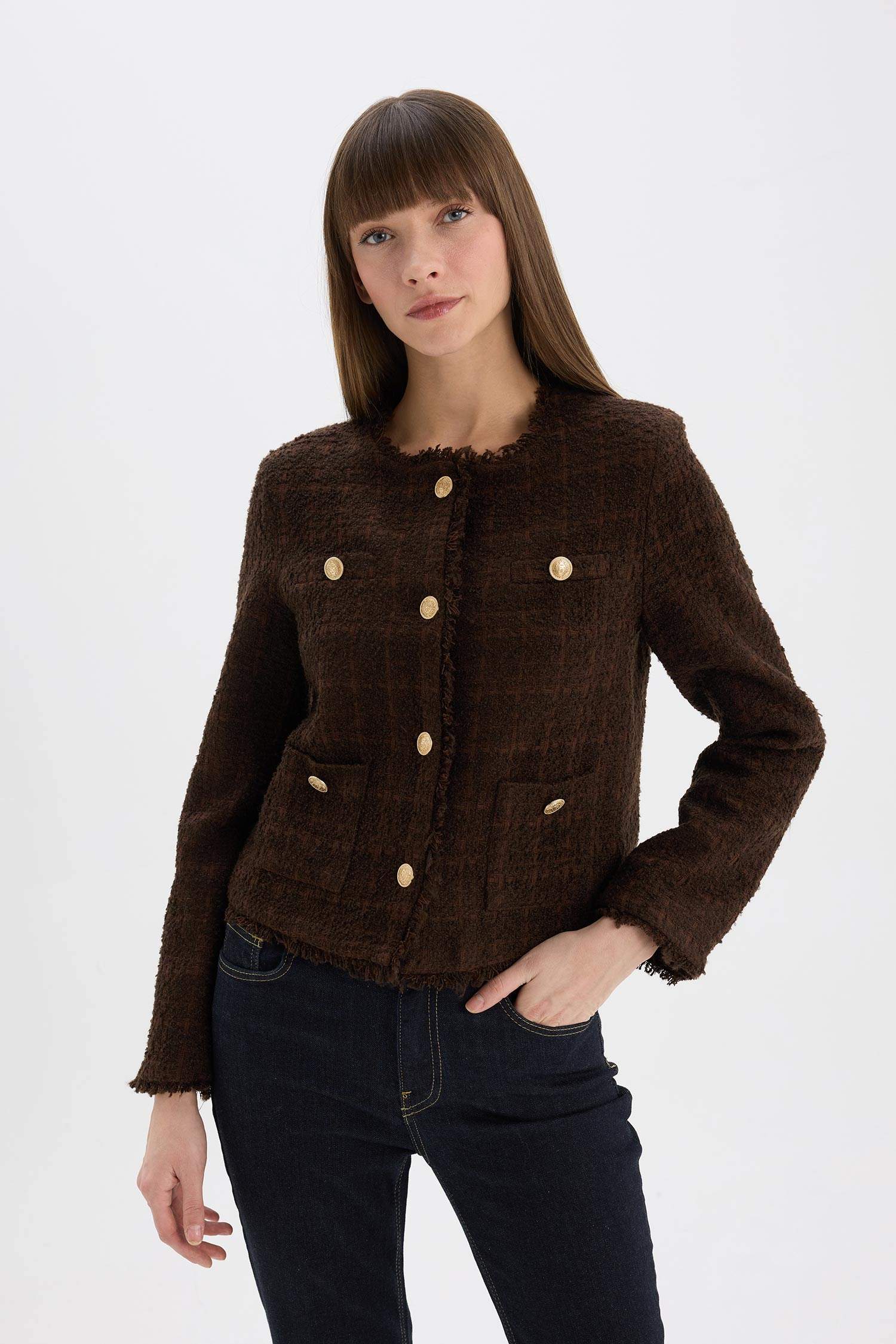 Regular Fit Bisiklet Yaka Tweed Blazer Ceket