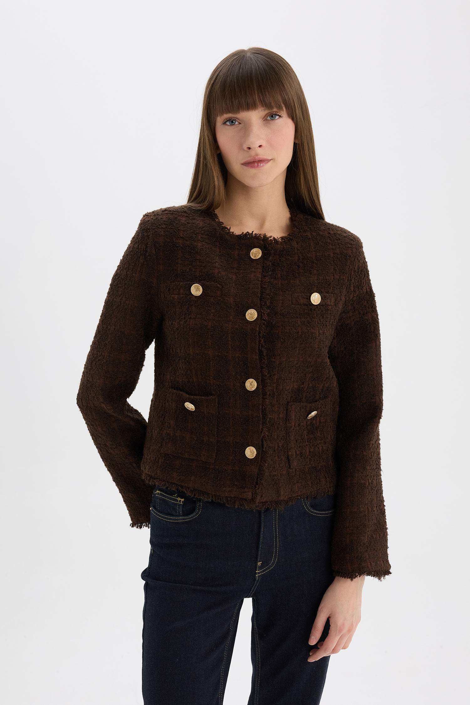 Regular Fit Bisiklet Yaka Tweed Blazer Ceket