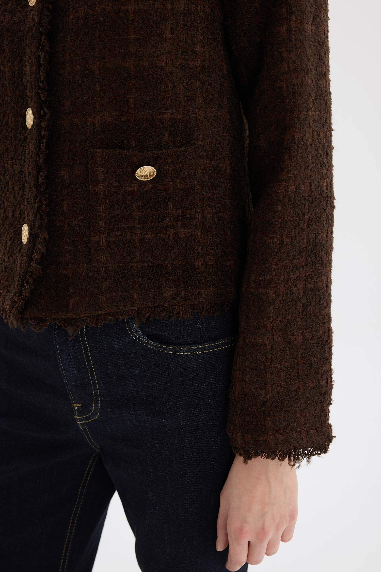 Regular Fit Bisiklet Yaka Tweed Blazer Ceket