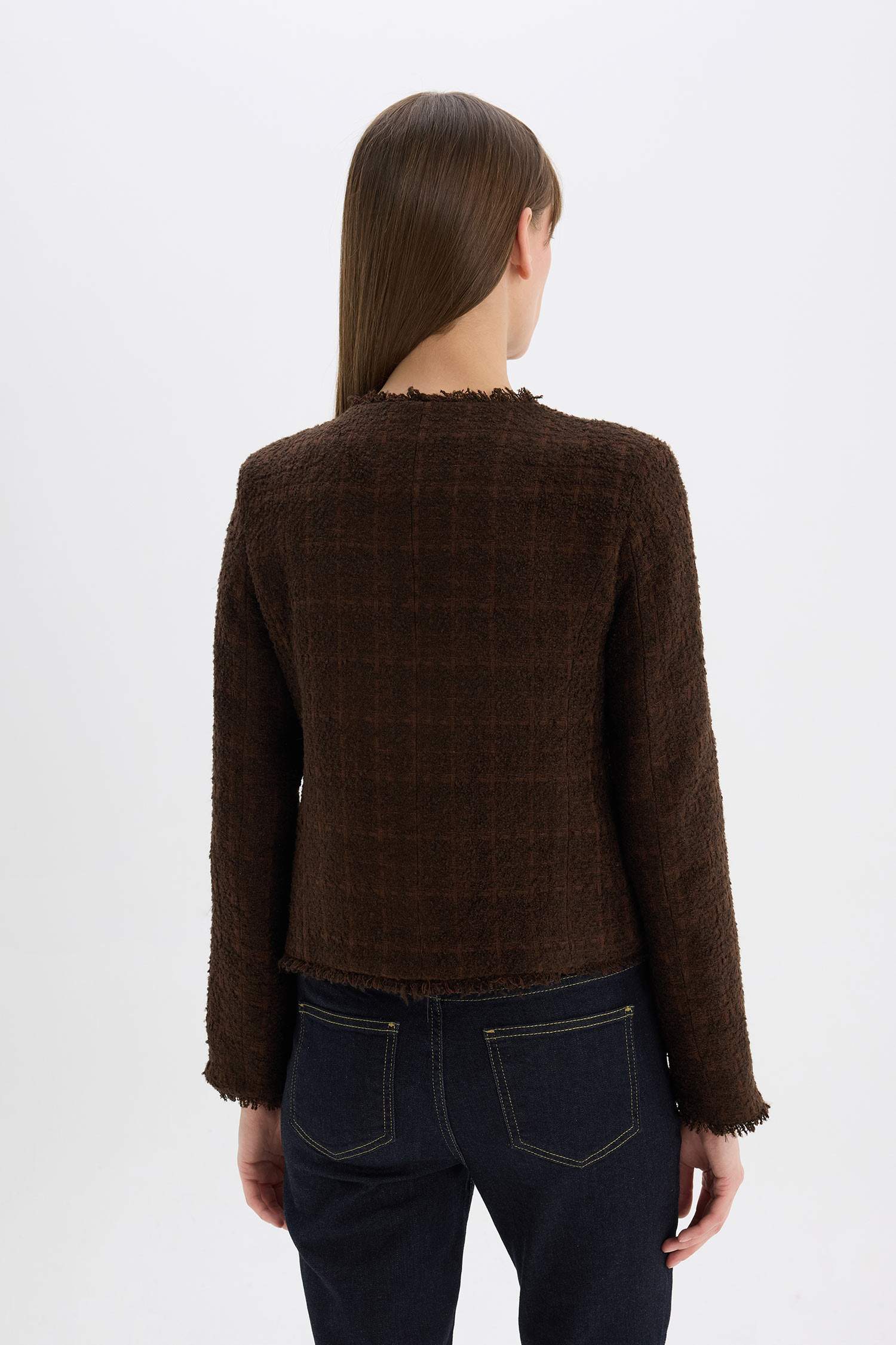 Regular Fit Bisiklet Yaka Tweed Blazer Ceket