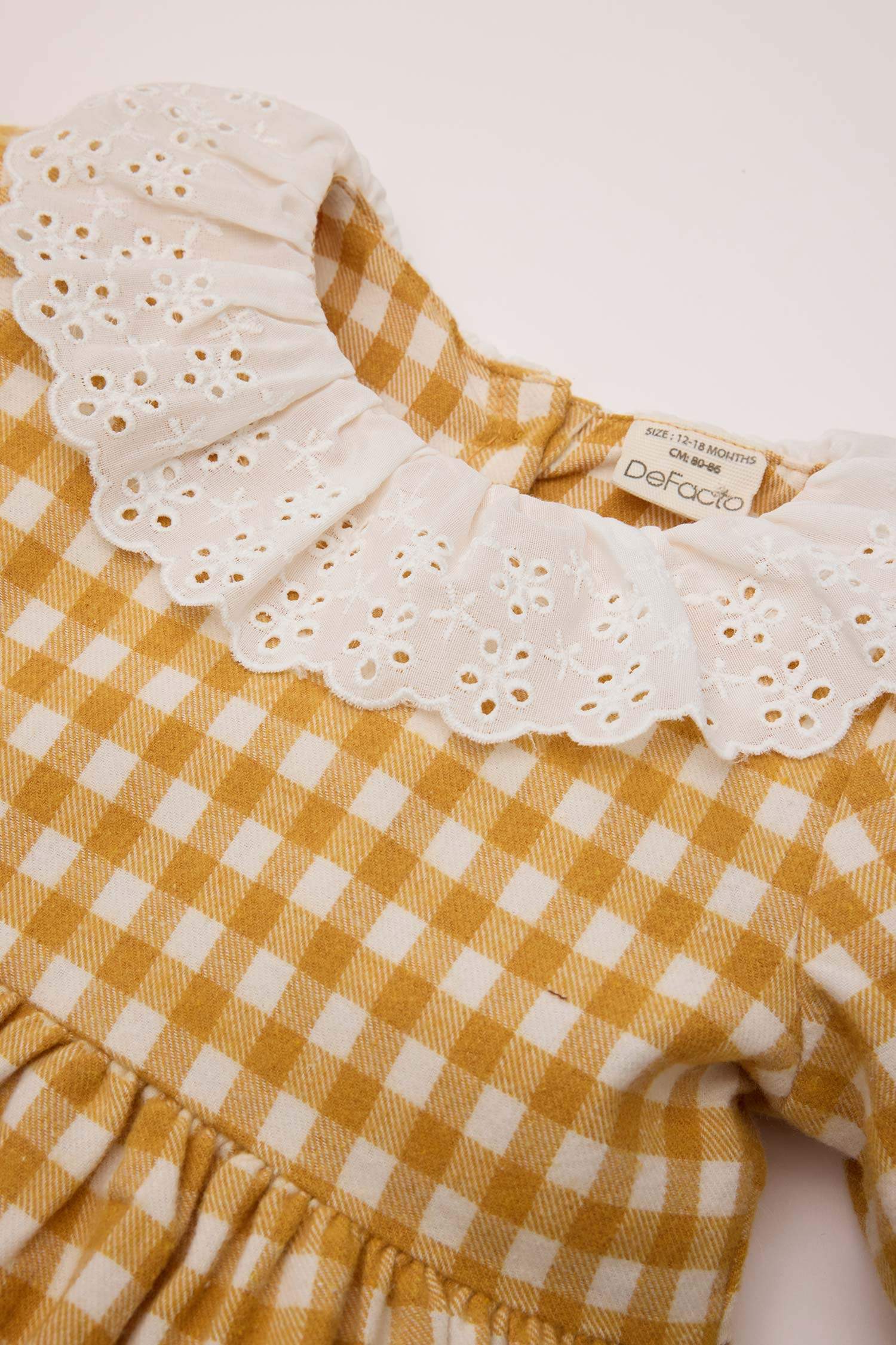 Kız Bebek Dantel Yaka Uzun Kollu Kareli Elbise