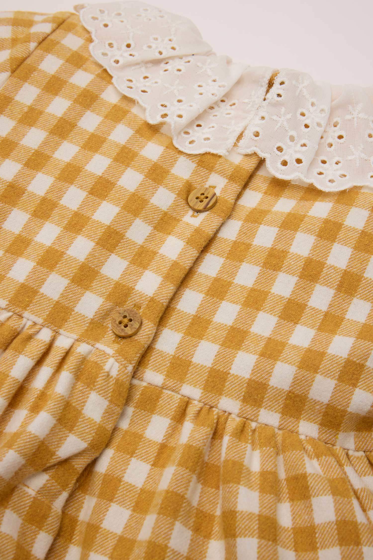 Kız Bebek Dantel Yaka Uzun Kollu Kareli Elbise