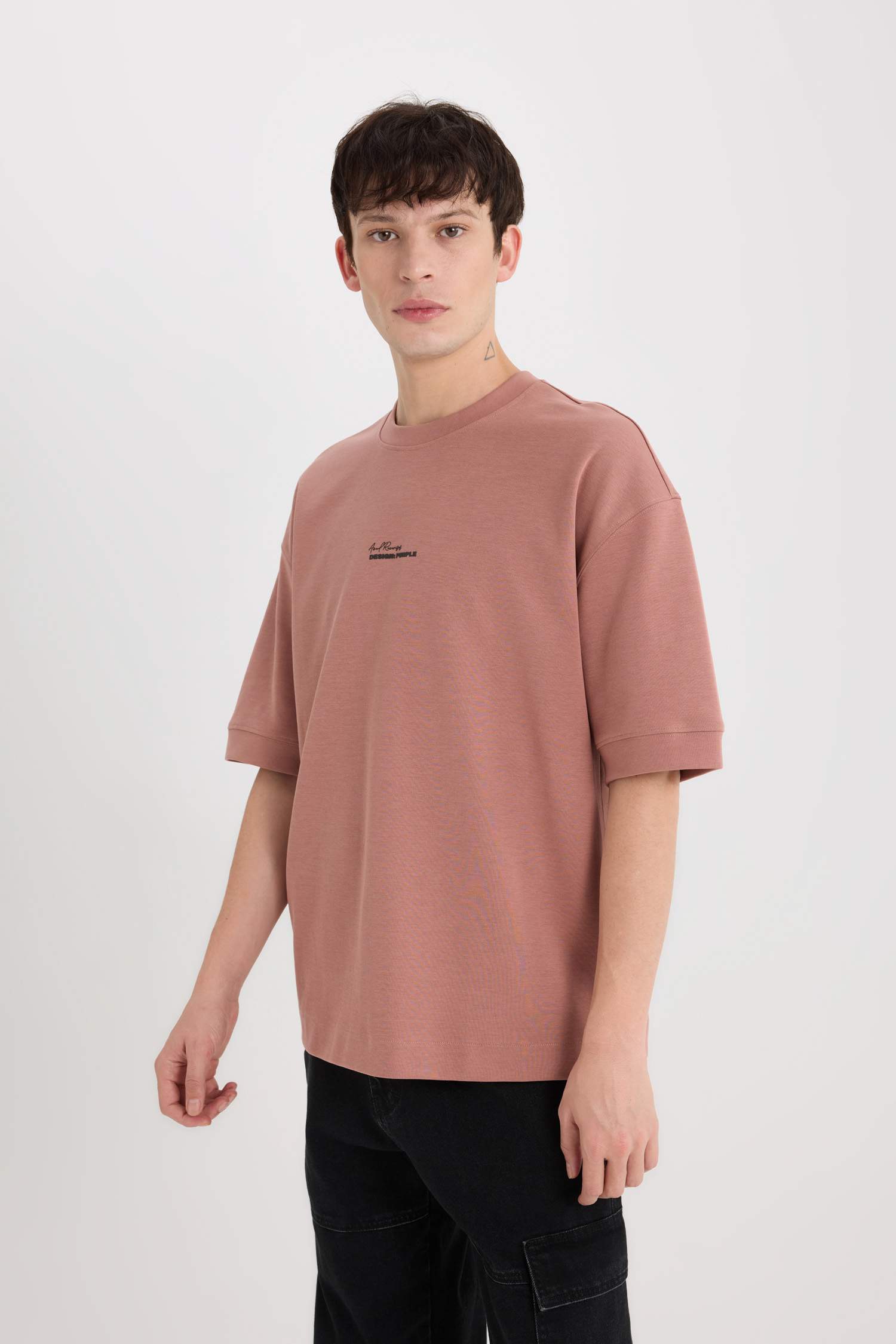 Loose Fit Bisiklet Yaka Baskılı Ağır Kumaş Tişört