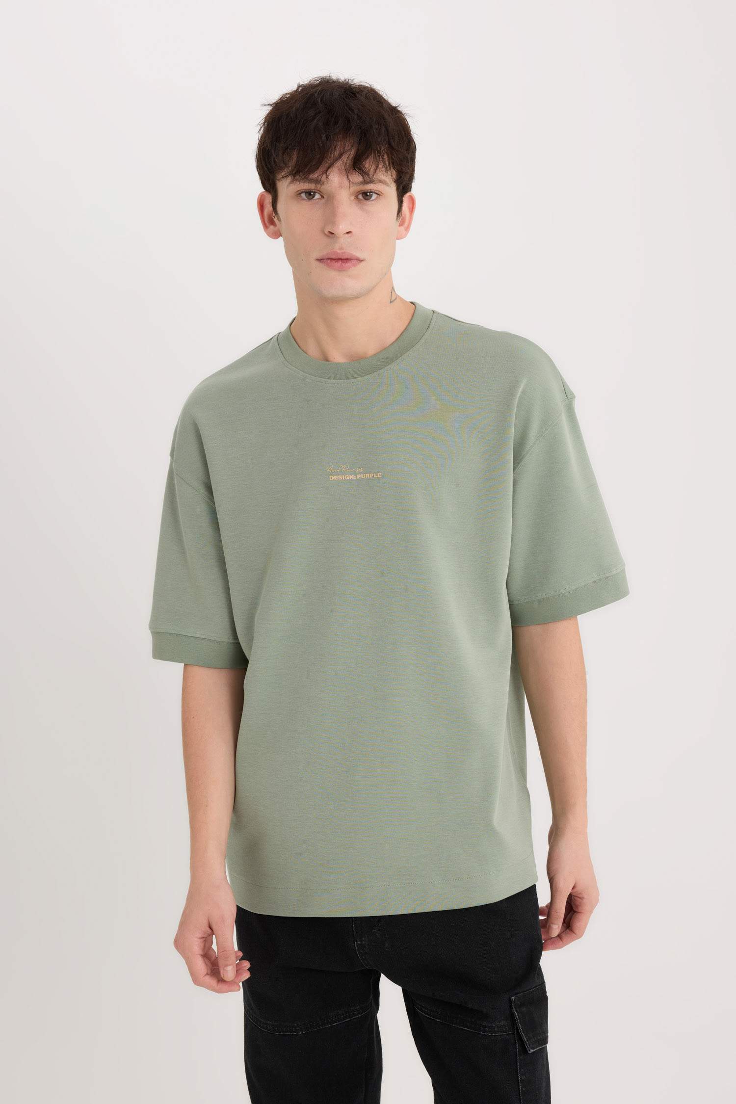 Loose Fit Bisiklet Yaka Baskılı Ağır Kumaş Tişört