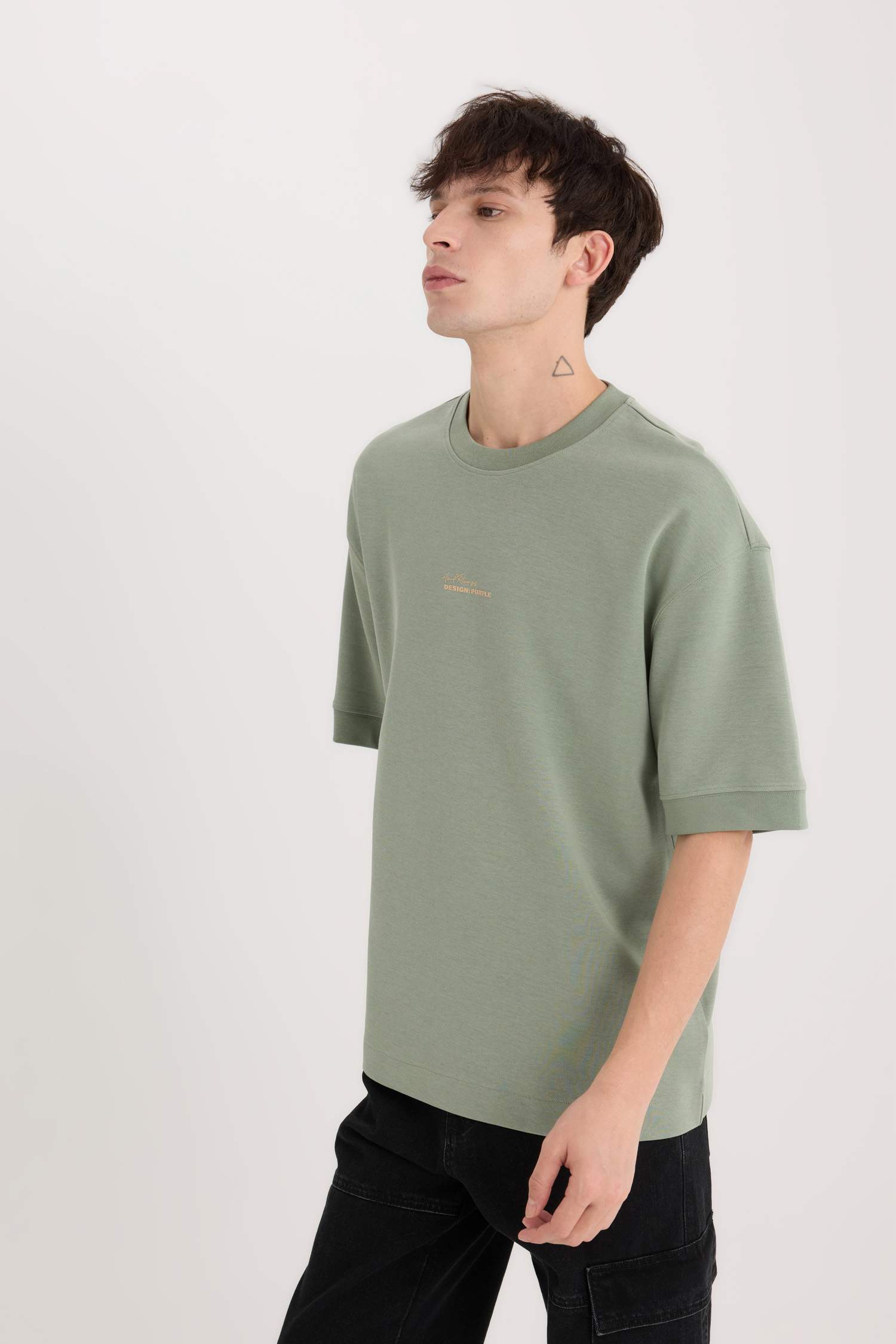 Loose Fit Bisiklet Yaka Baskılı Ağır Kumaş Tişört