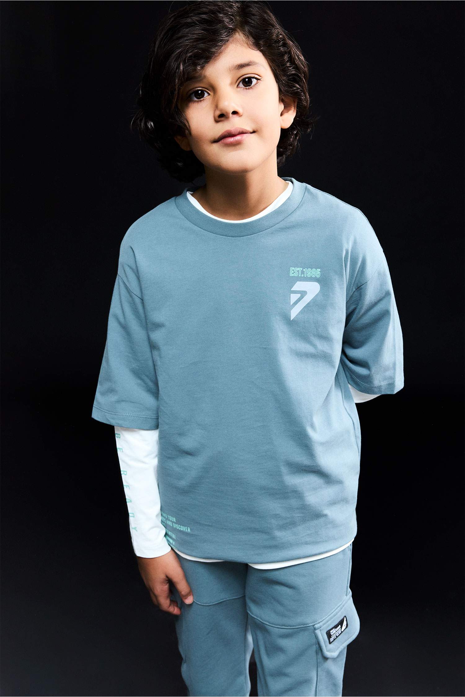 Oversize Geniş Kalıp Bisiklet Yaka Baskılı Uzun Kollu Tişört Erkek Çocuk