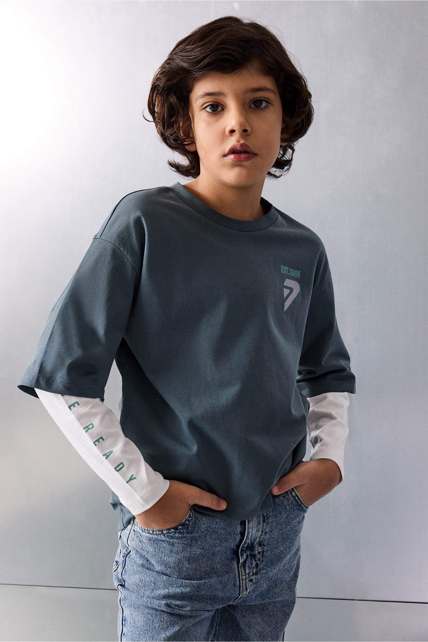 T-shirt Manches Longues FatFace Garçon 12-13 Ans - Gris Bleu, Motif Aventure