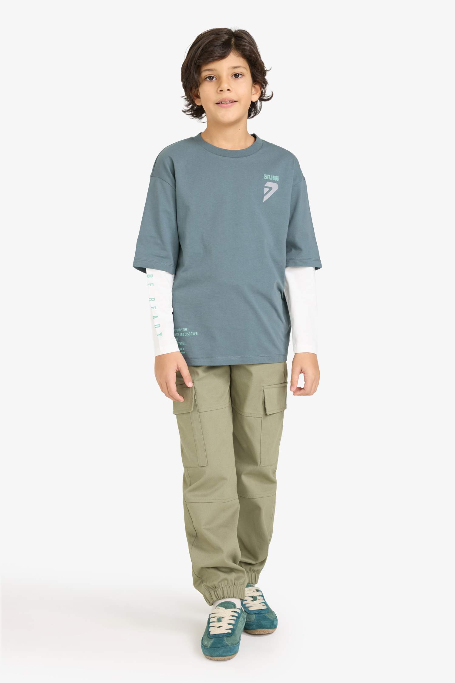 Erkek Çocuk Oversize Geniş Kalıp Bisiklet Yaka Baskılı Uzun Kollu Tişört