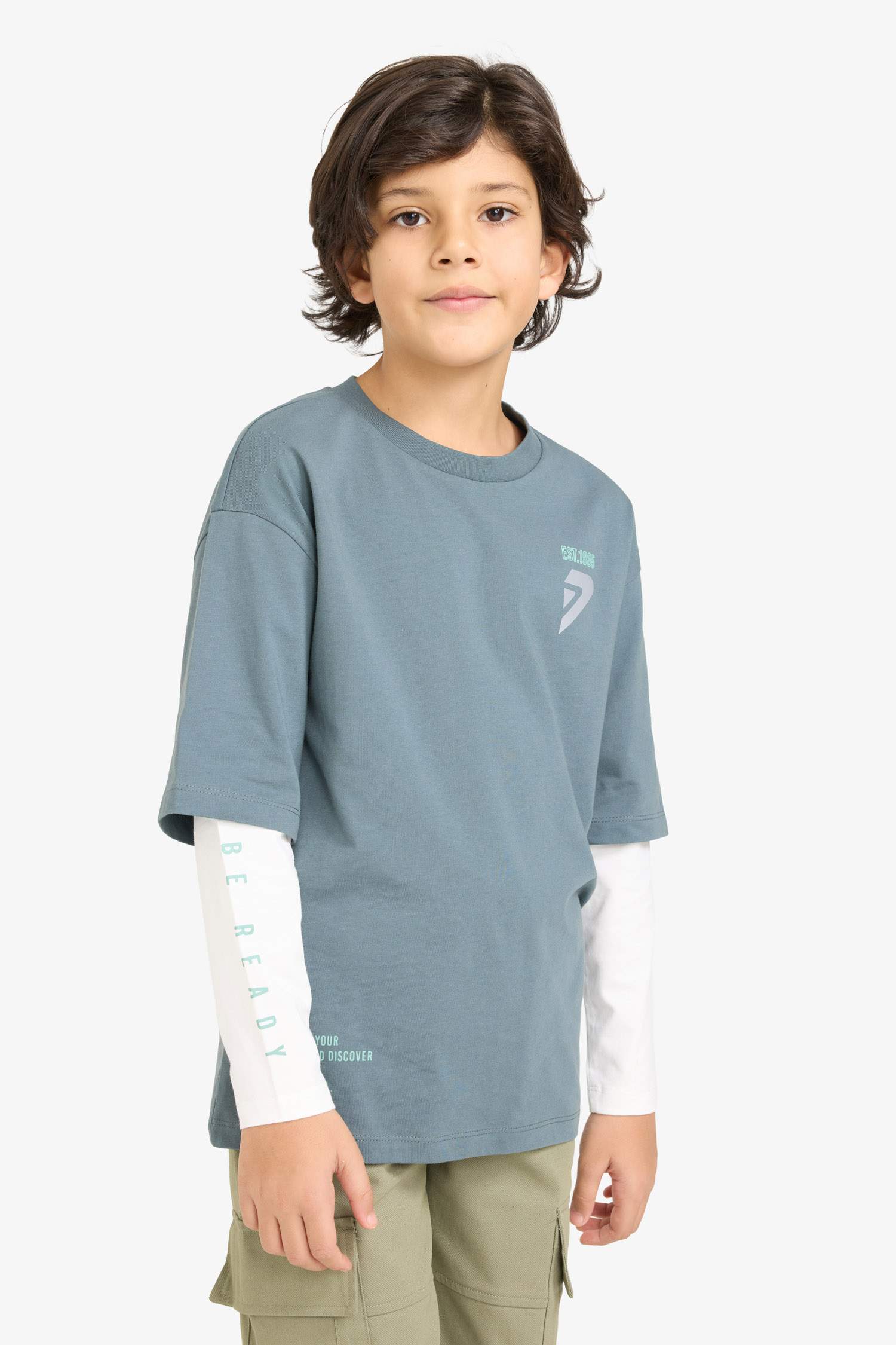 Erkek Çocuk Oversize Geniş Kalıp Bisiklet Yaka Baskılı Uzun Kollu Tişört