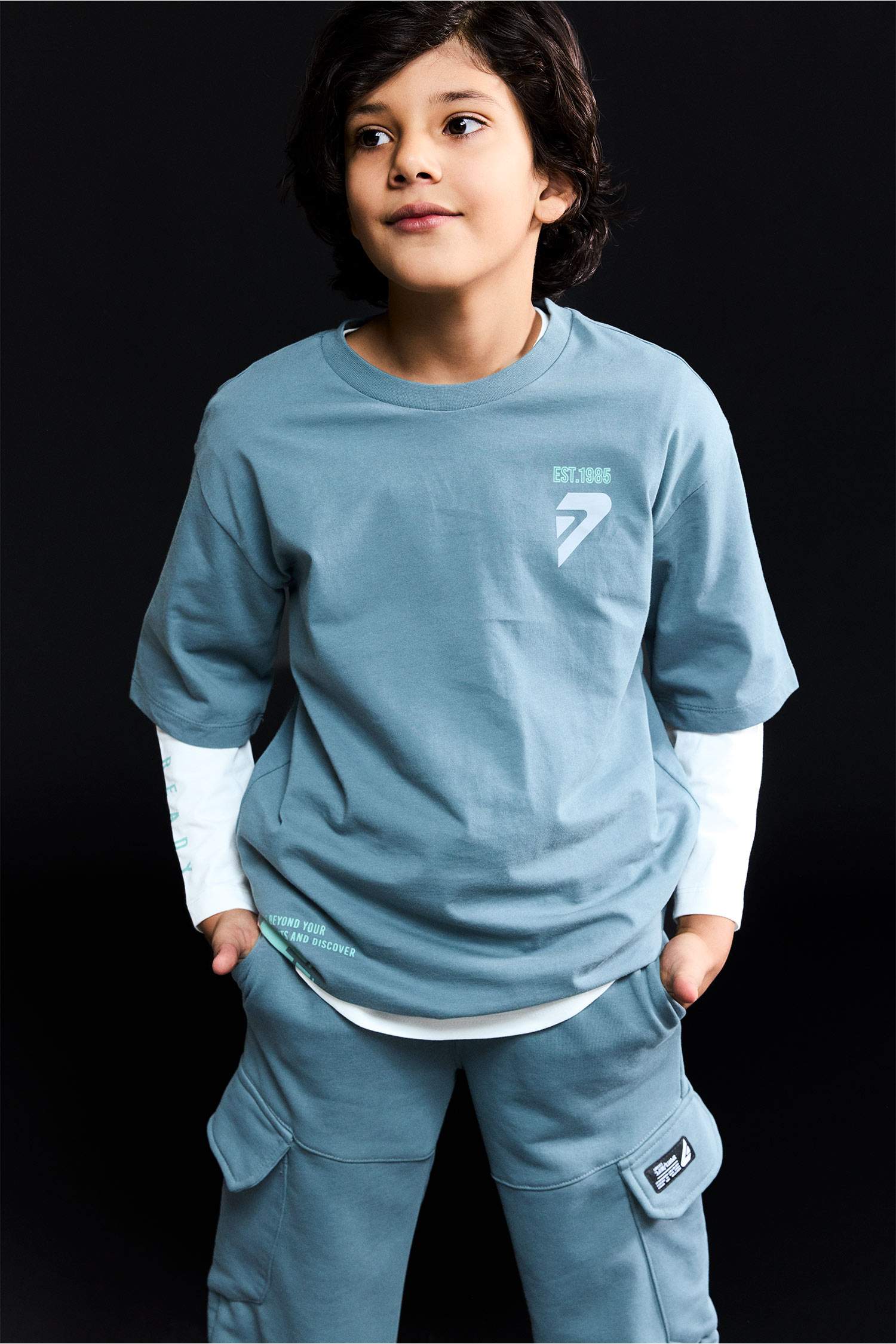 Oversize Geniş Kalıp Bisiklet Yaka Baskılı Uzun Kollu Tişört Erkek Çocuk