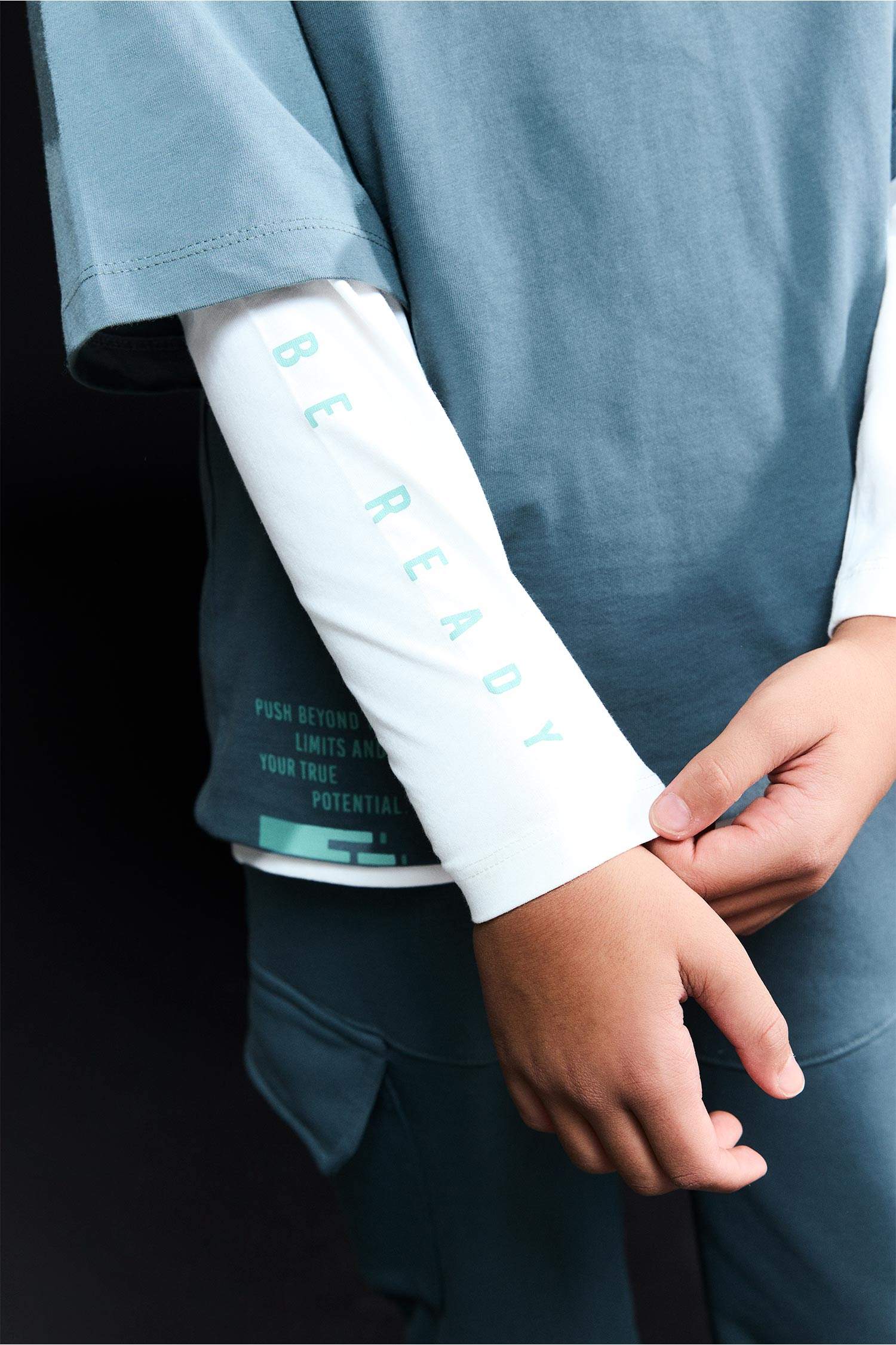 Oversize Geniş Kalıp Bisiklet Yaka Baskılı Uzun Kollu Tişört Erkek Çocuk