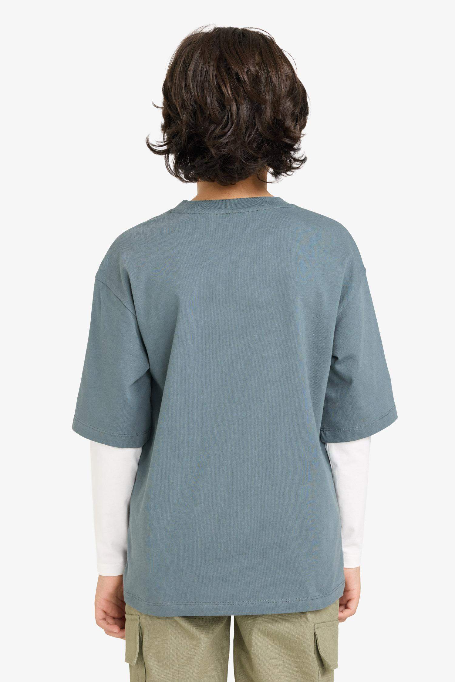 Oversize Geniş Kalıp Bisiklet Yaka Baskılı Uzun Kollu Tişört Erkek Çocuk