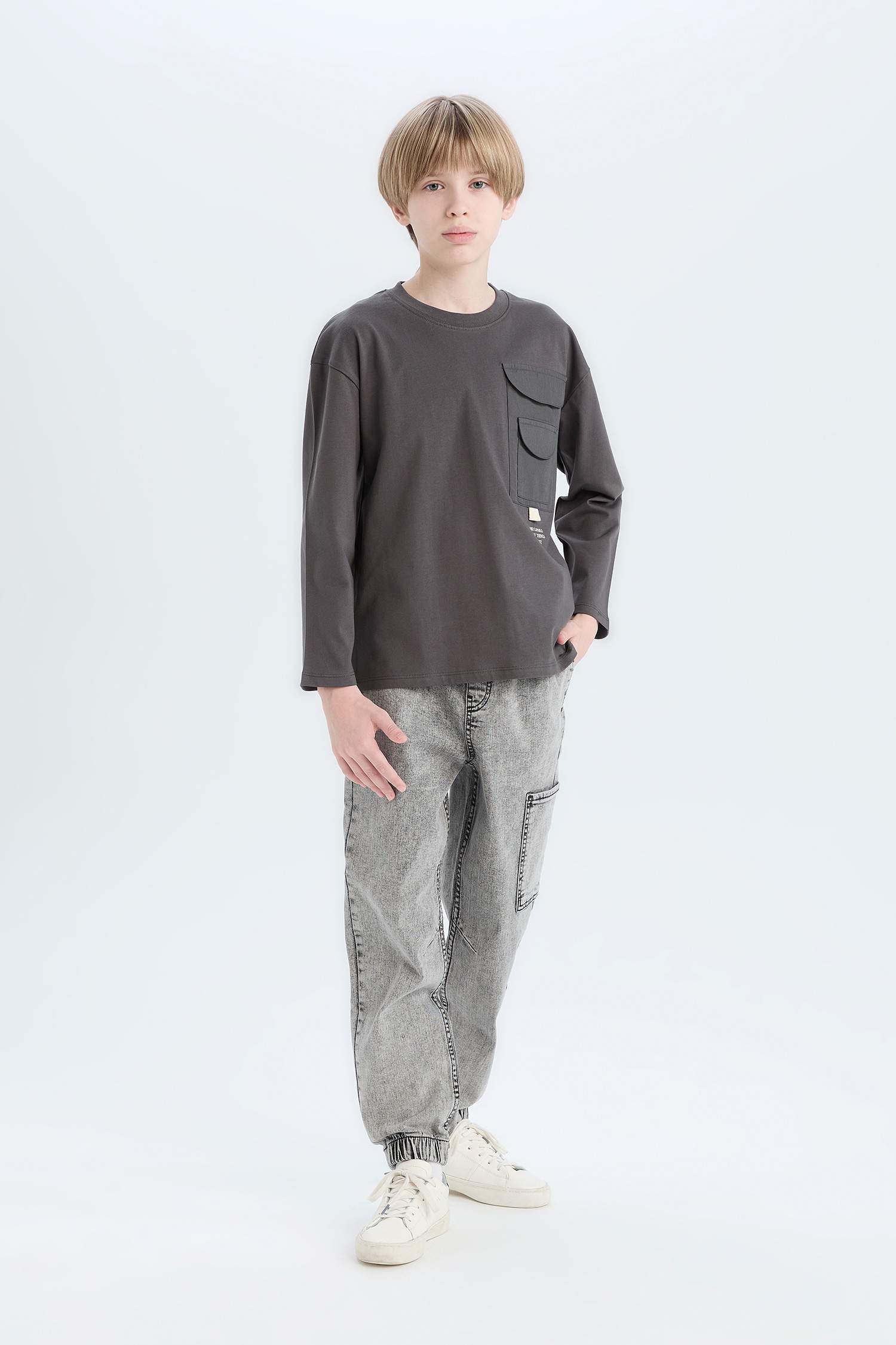 Erkek Çocuk Oversize Geniş Kalıp Bisiklet Yaka Baskılı Uzun Kollu Tişört