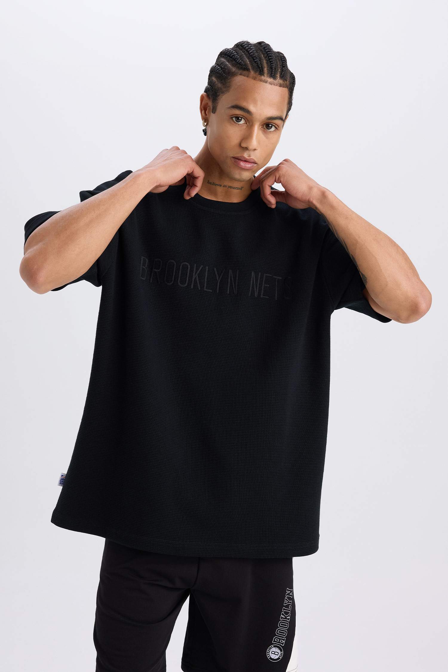 DeFactoFit NBA Brooklyn Nets Oversize Geniş Kalıp Bisiklet Yaka Waffle Kısa Kollu Tişört