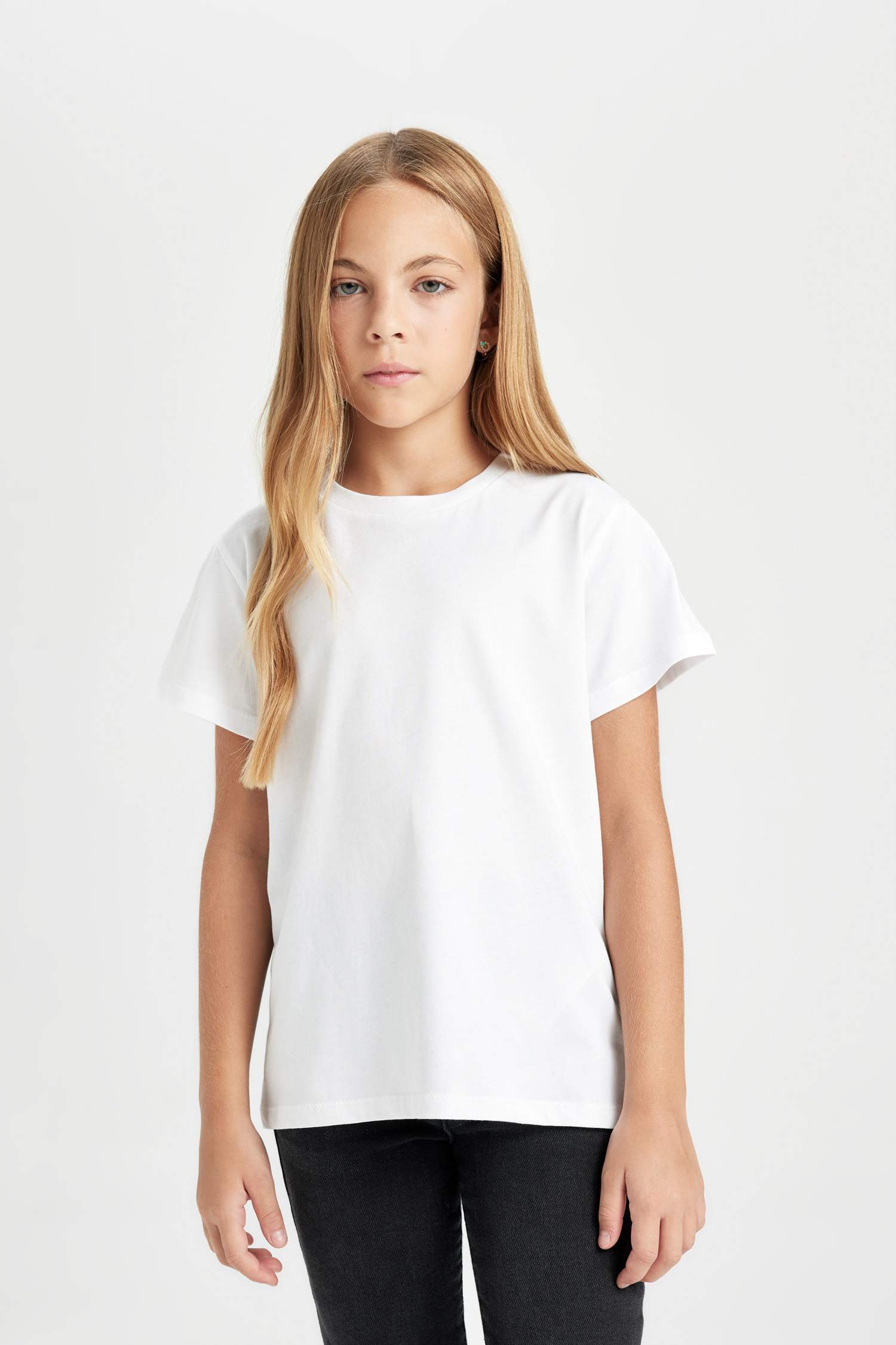 Kız Çocuk Bisiklet Yaka Basic Düz Kısa Kollu Tişört