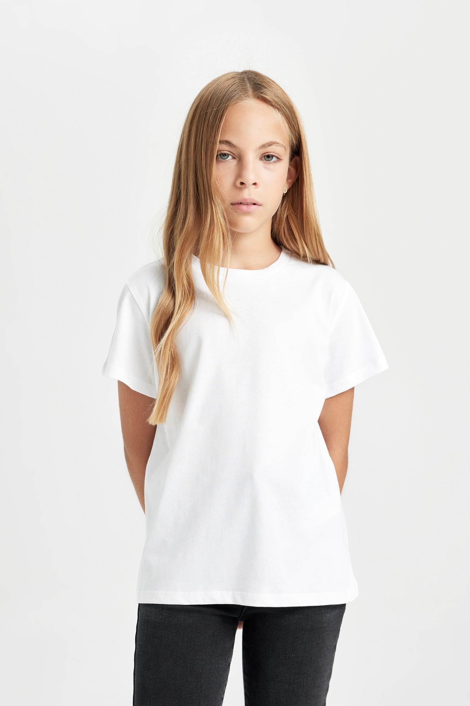 Kız Çocuk Bisiklet Yaka Basic Düz Kısa Kollu Tişört