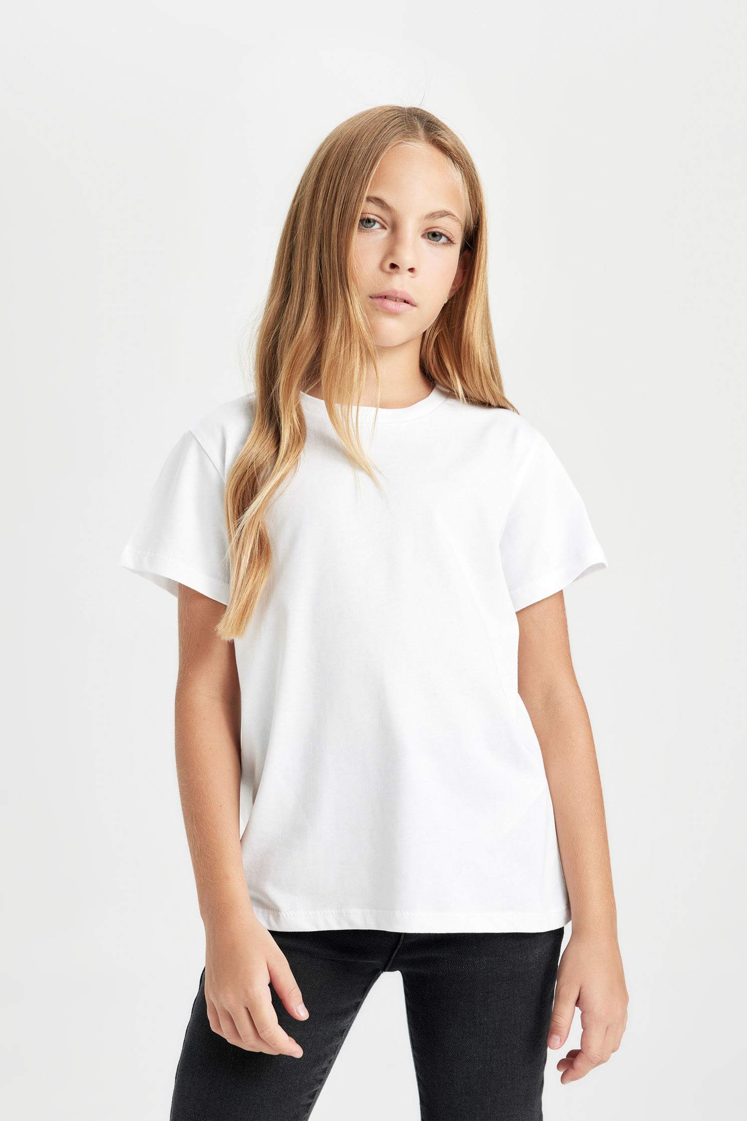 Kız Çocuk Bisiklet Yaka Basic Düz Kısa Kollu Tişört