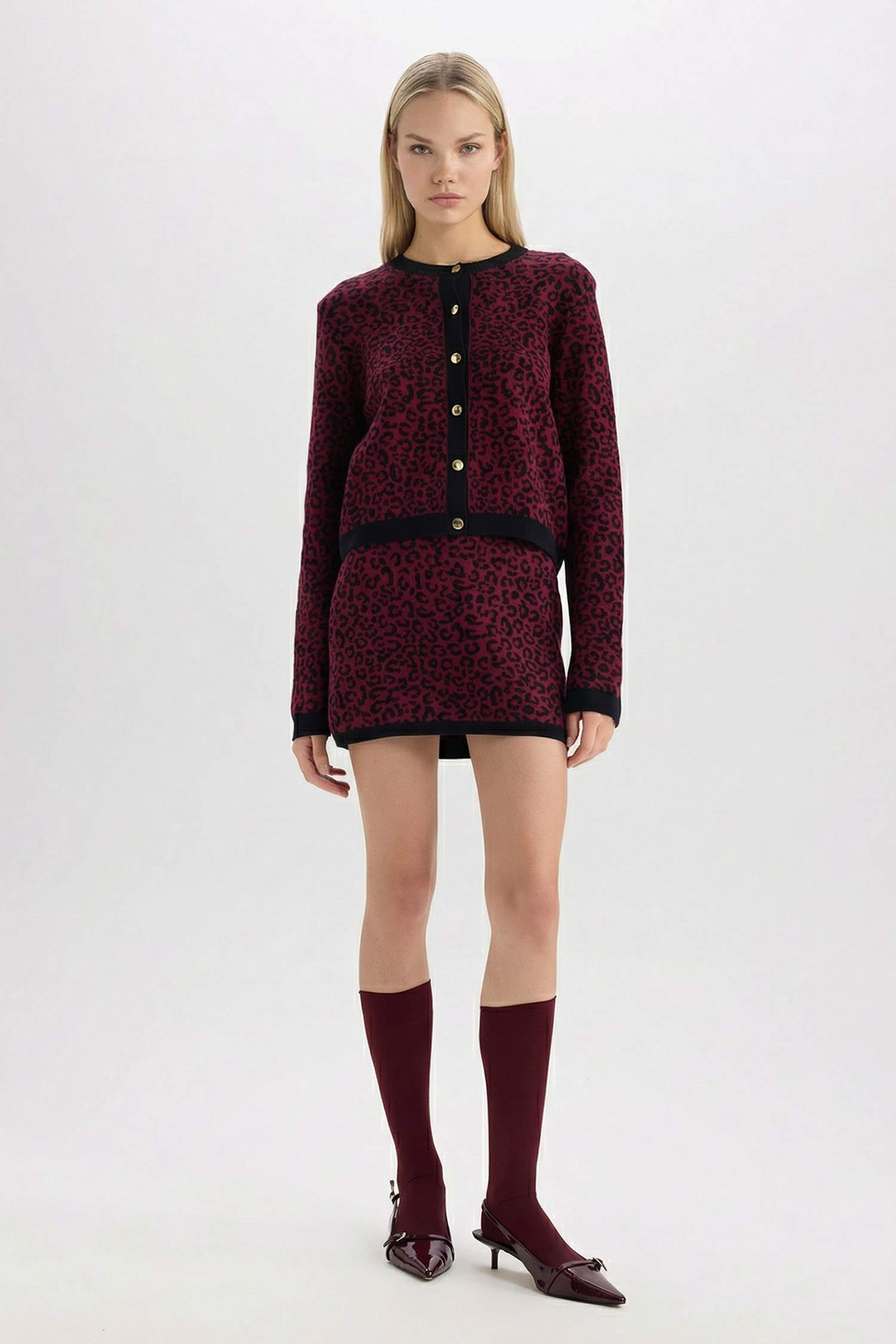 Regular Fit Bisiklet Yaka Leopar Desenli Düğmeli Triko Hırka