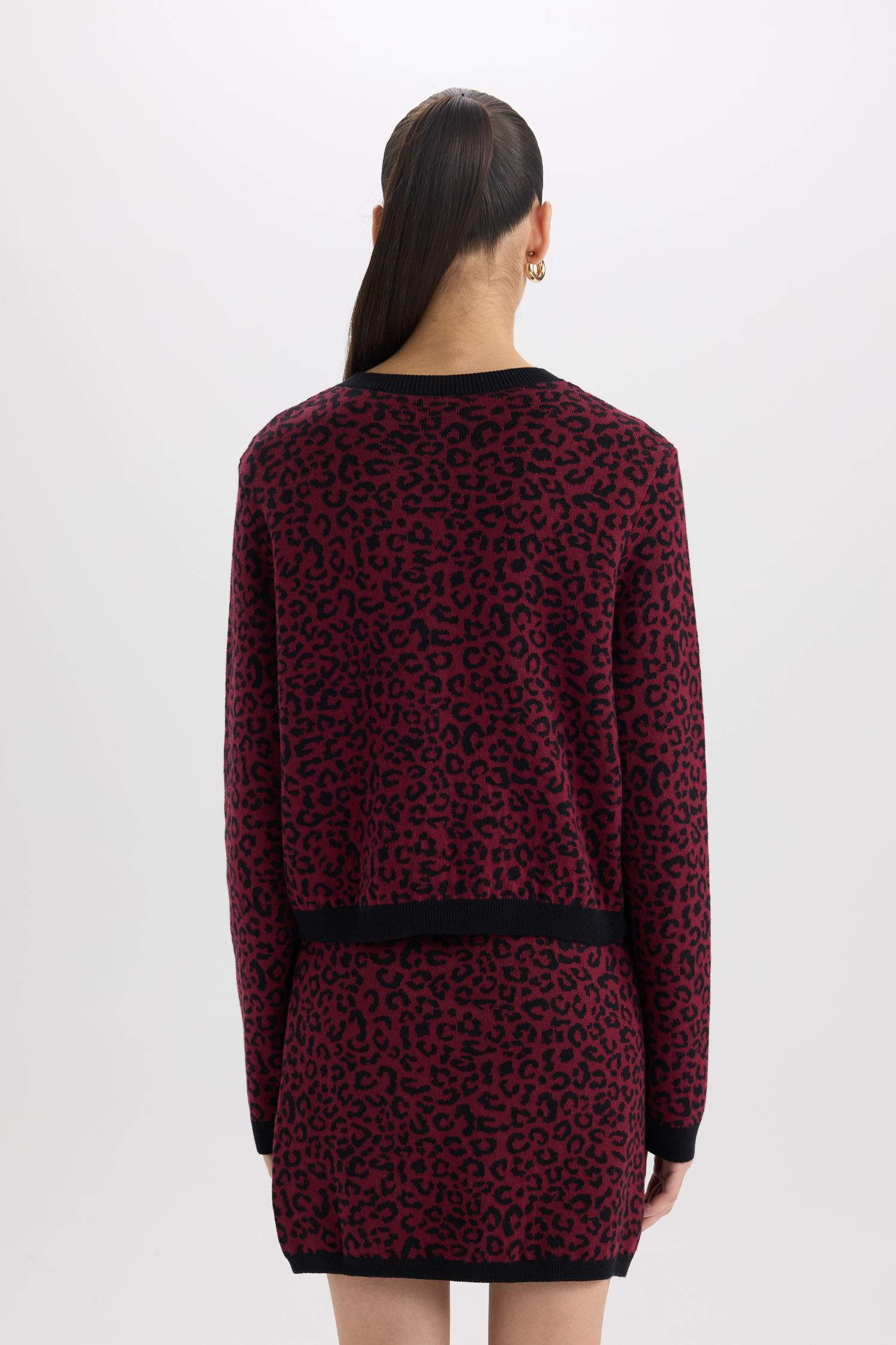 Regular Fit Bisiklet Yaka Leopar Desenli Düğmeli Triko Hırka