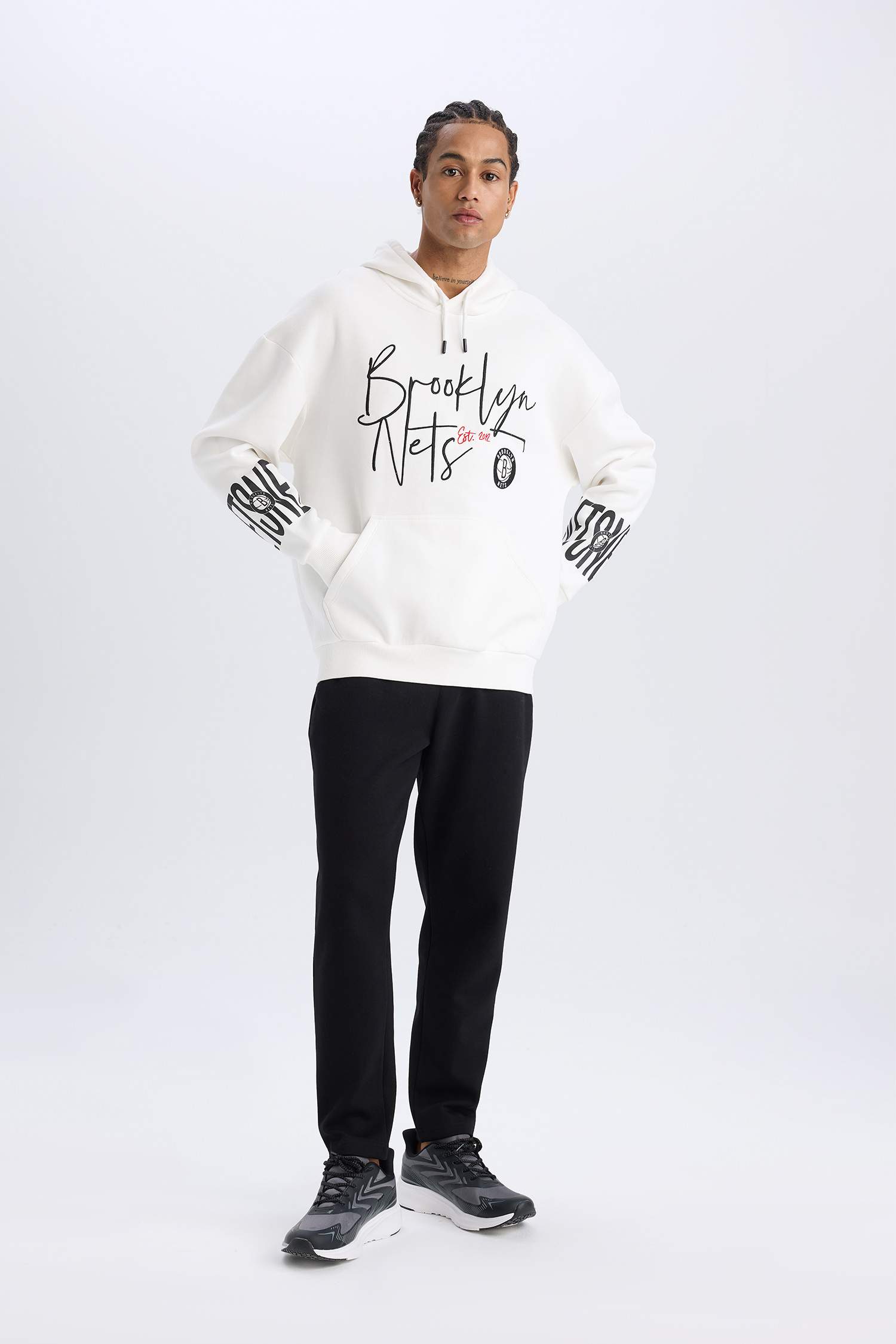 Ecru MAN DeFactoFit NBA Brooklyn Nets Oversize Fit Hooded