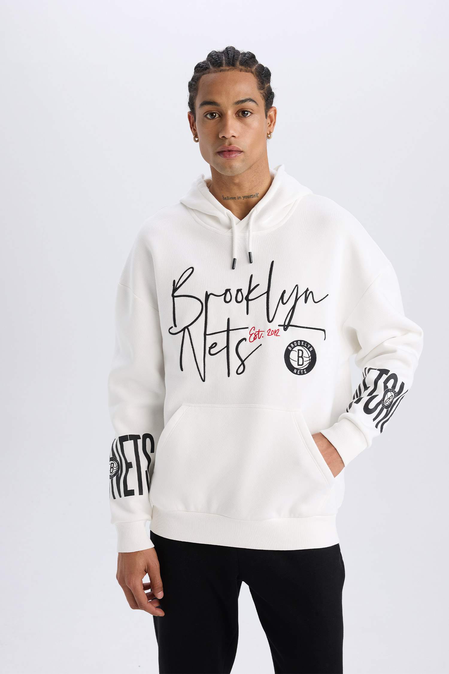 DeFactoFit NBA Brooklyn Nets Oversize Geniş Kalıp Kapüşonlu Kalın Sweatshirt