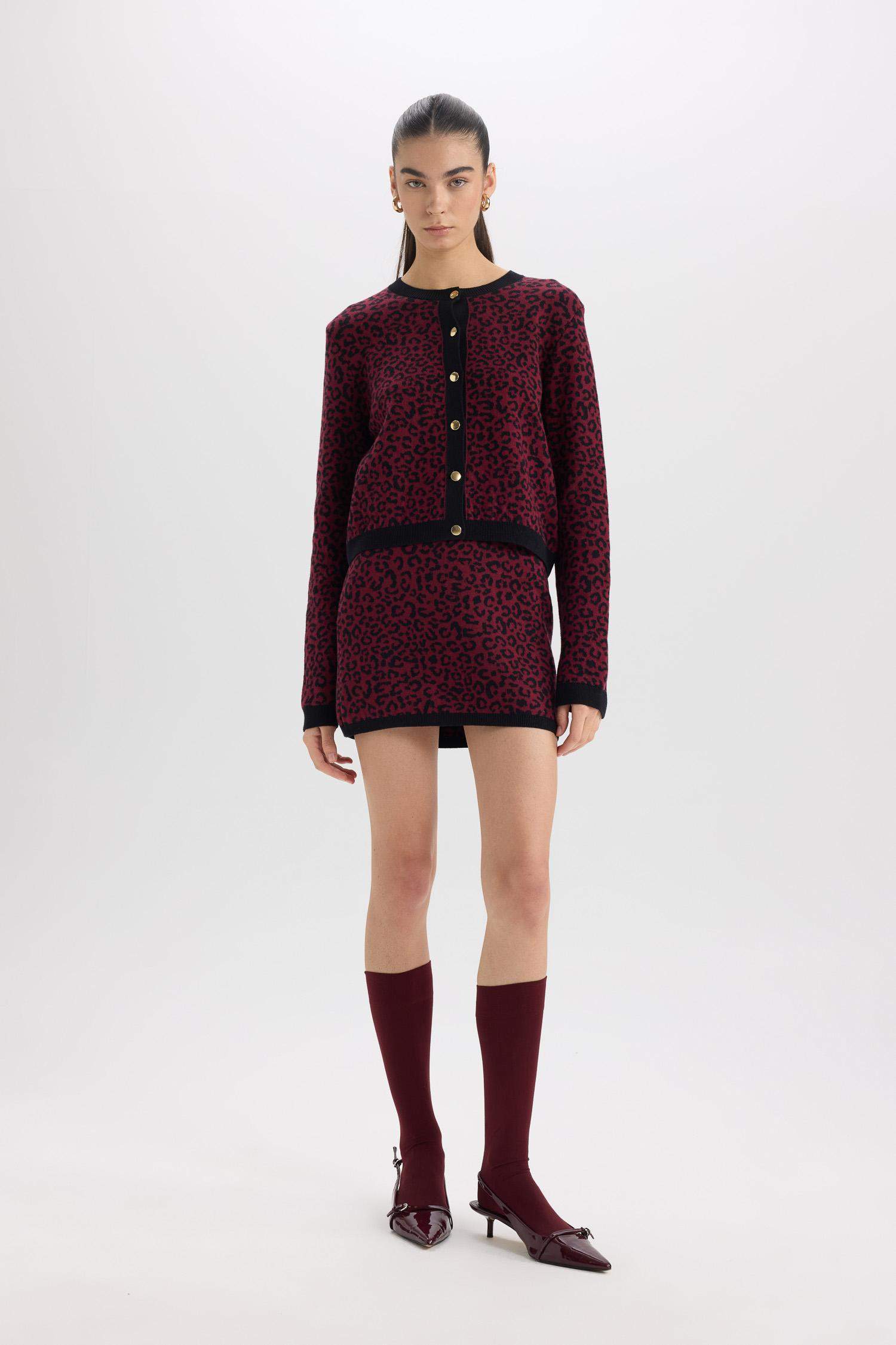 A Kesim Leopar Desenli Mini Triko Etek