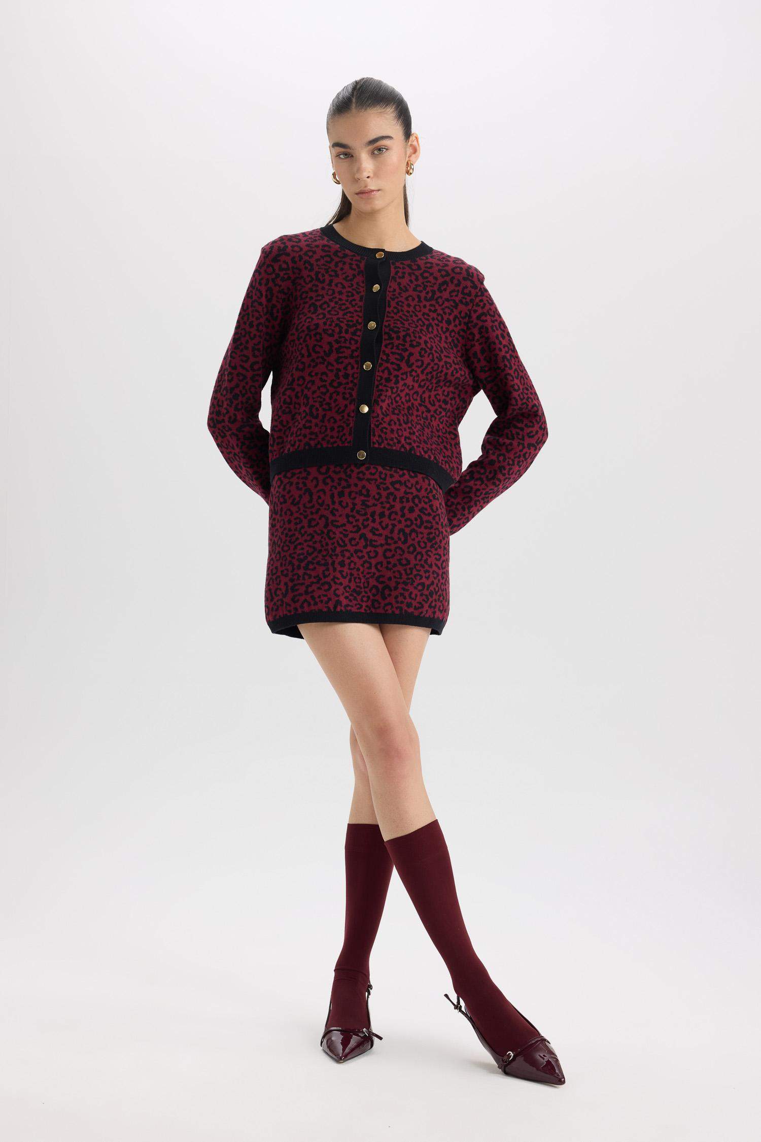 A Kesim Leopar Desenli Mini Triko Etek